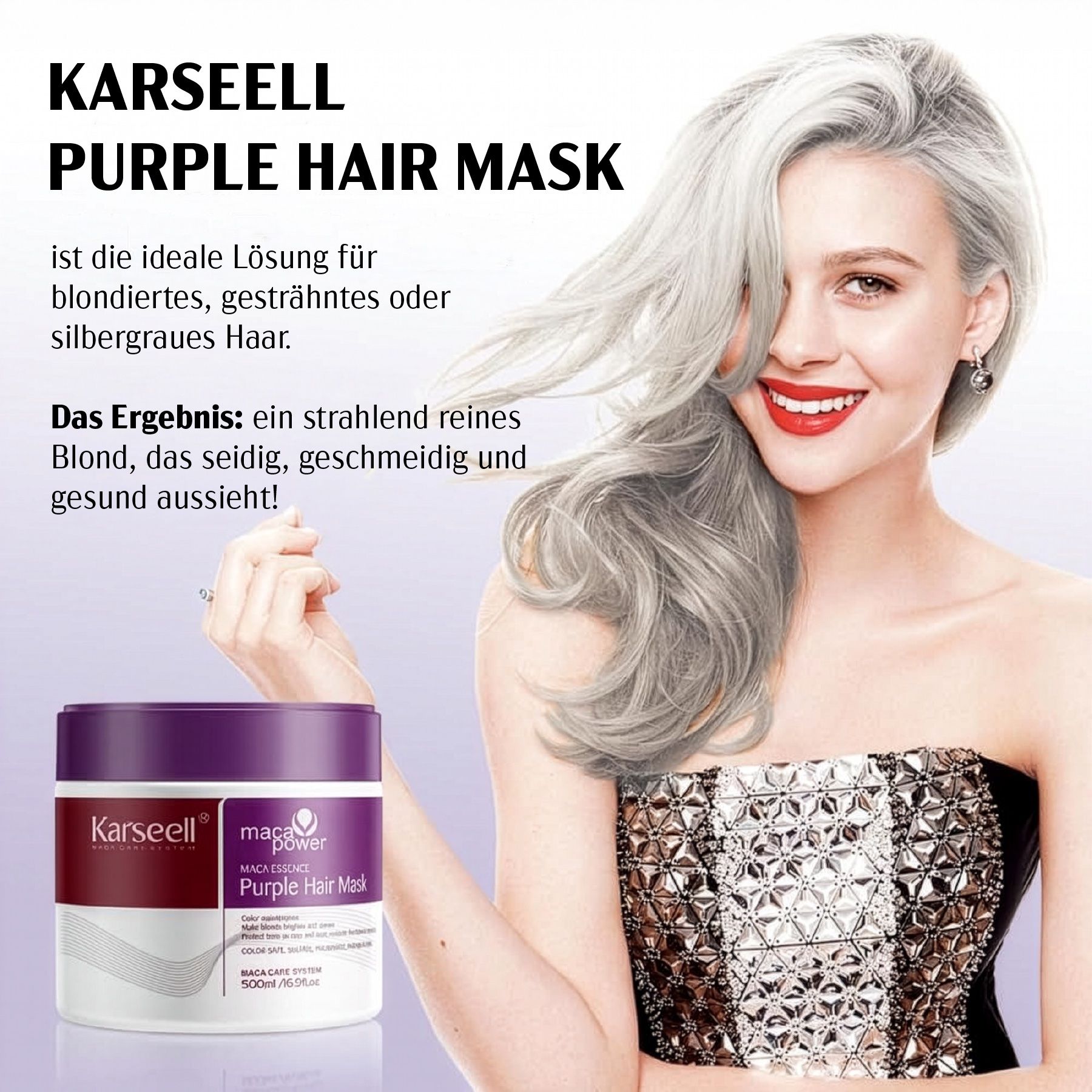 Confezione Karseell Purple Hair Mask. Donna sorridente con capelli grigi. Testo pubblicitario.
