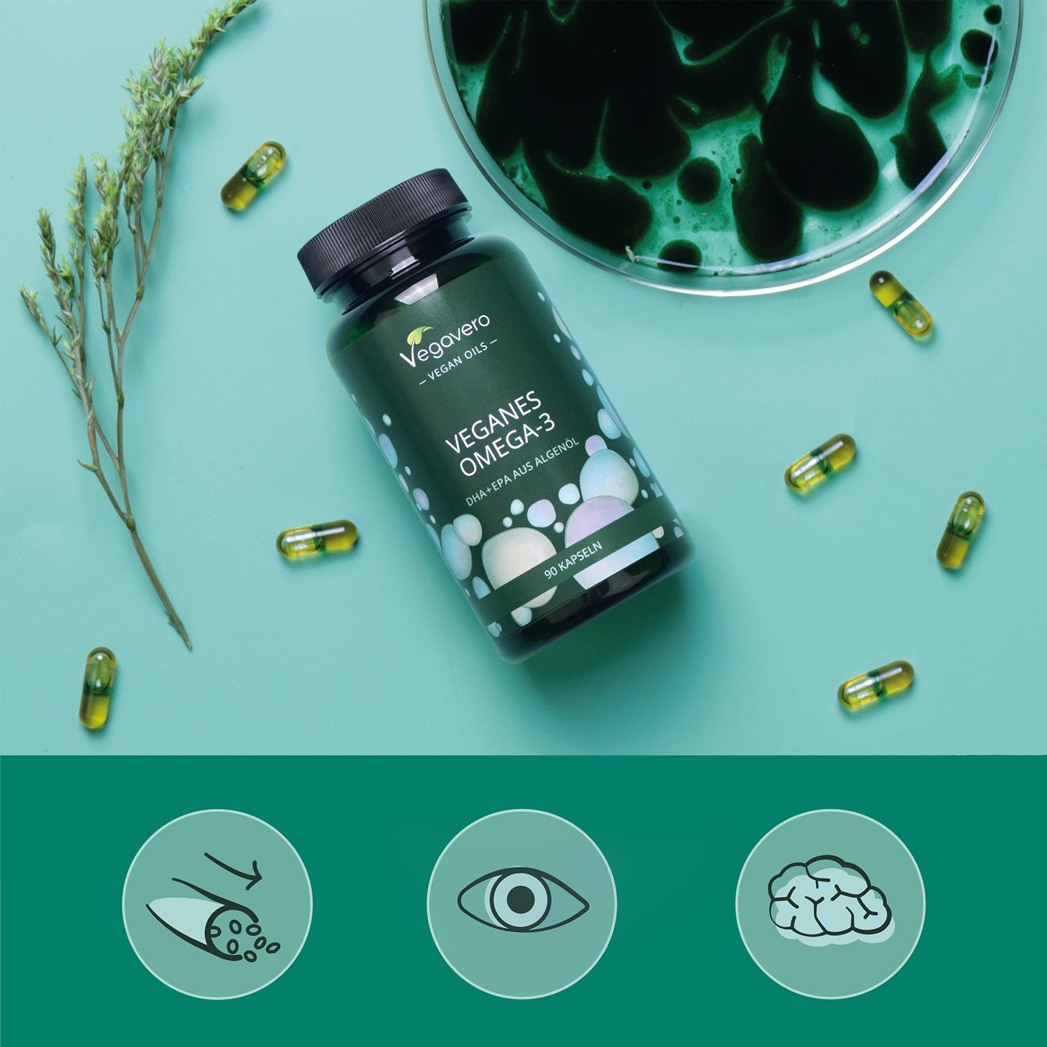 Bottiglia con capsule e alghe. Scritta: Vegavaro - Vegan Oils. Vegan Omega-3. 90 capsule. Icone: articolazioni, occhio, cervello.