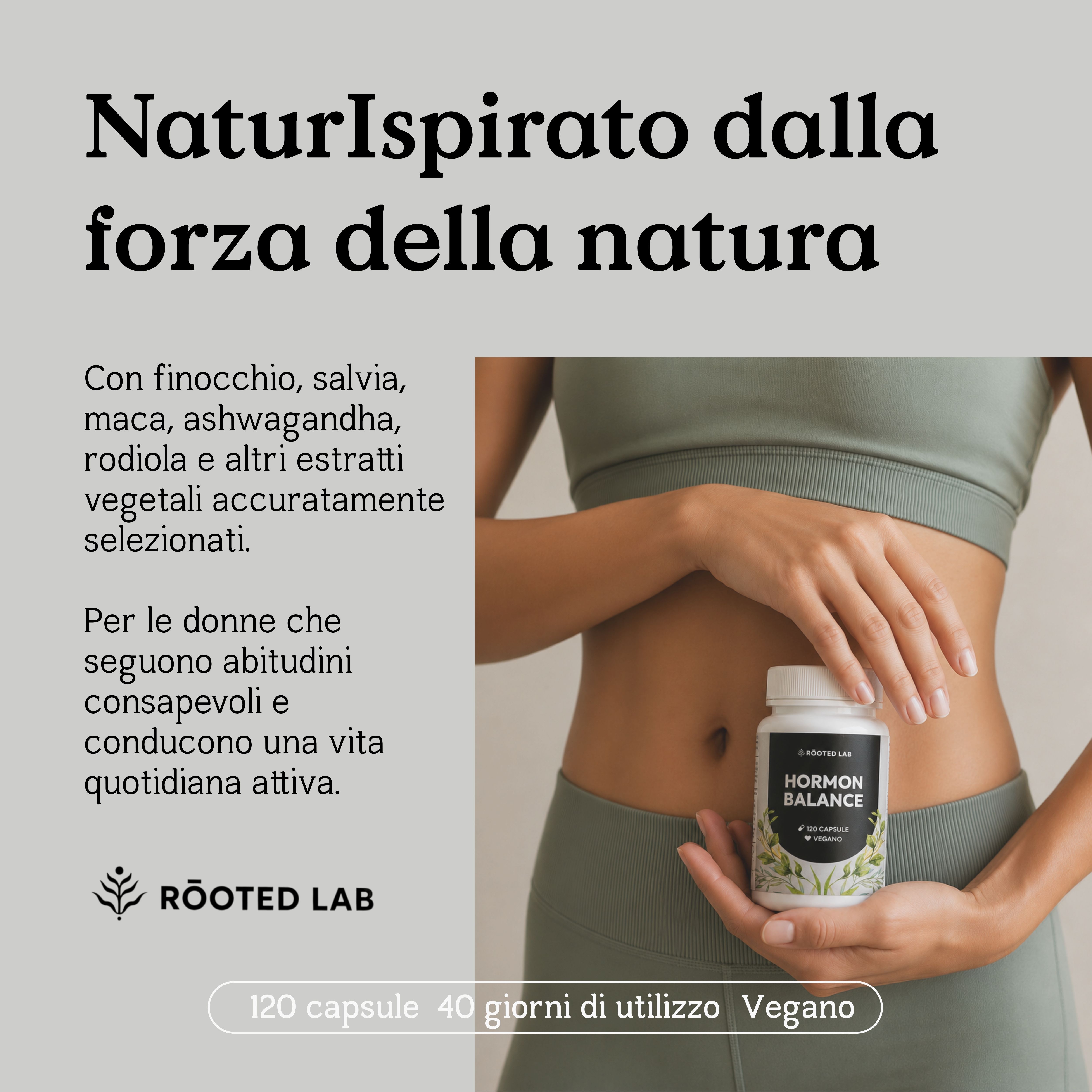 Flacone Hormon Balance in mano, con elenco di estratti vegetali e testo per donne.
