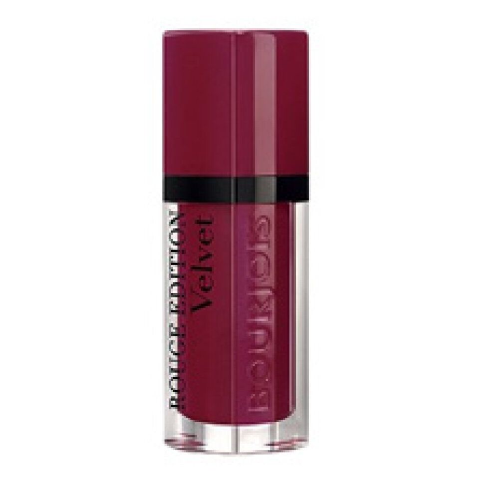 Rossetto rosso in confezione rettangolare. Scritta: Rouge Edition Velvet, Bourjois.