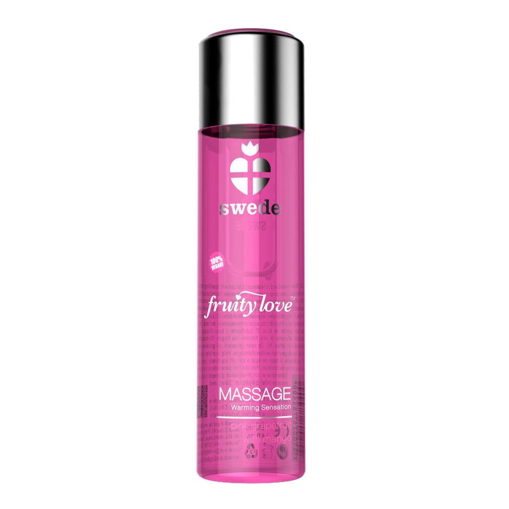 Flacone cilindrico con tappo argentato. Liquido rosa. Scritte: Swede, fruity love, Massage.