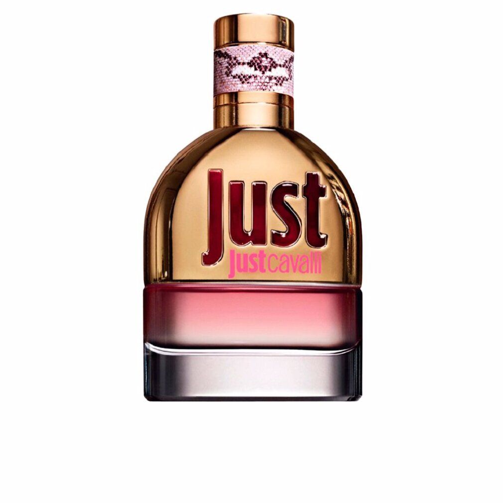 Flacone di profumo con tappo dorato e sfumatura rosa. Scritta "Just Cavalli".