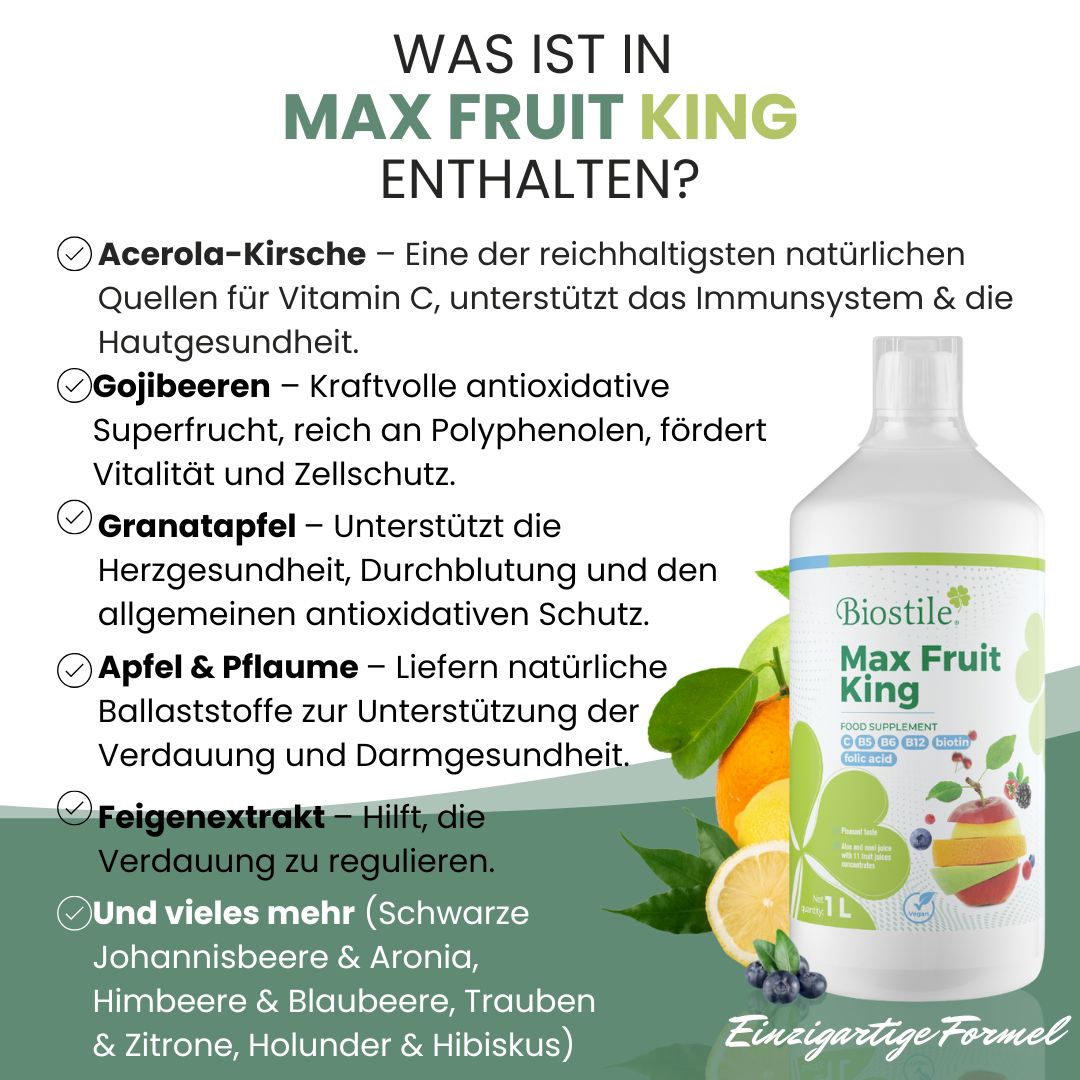 Bottiglia Biostile Max Fruit King, 1L. Contiene acerola, bacche di goji, melograno, mela e prugna.