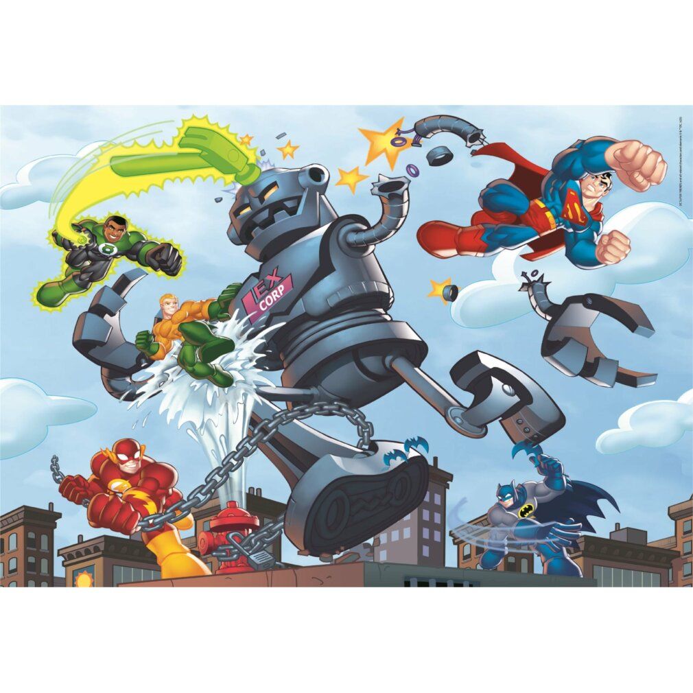 Puzzle con supereroi. Superman, Batman, Flash, Lanterna Verde e Aquaman combattono contro un robot. Stile fumetto.