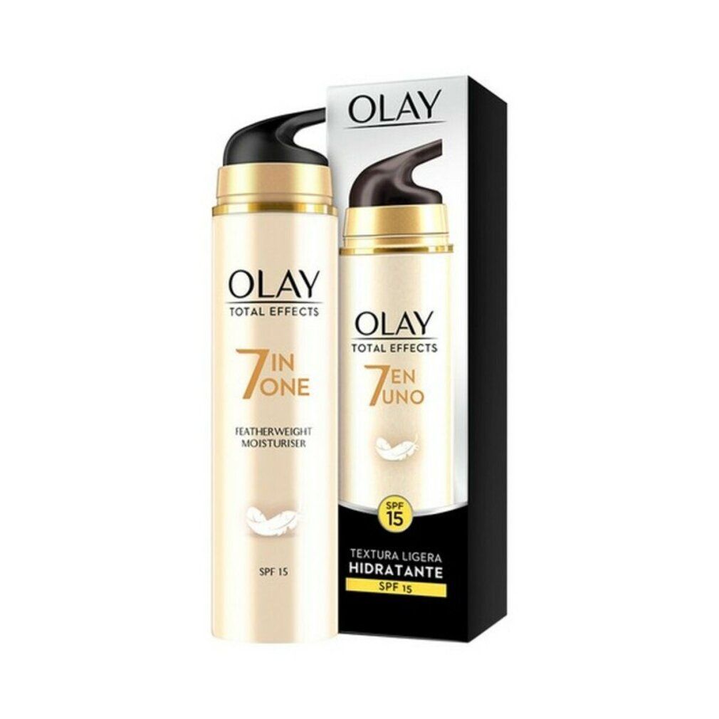 Olay Total Effects 7 In One Featherweight Moisturiser Spf15. Erogatore e confezione. Testo: SPF 15, 7 in One, Featherweight Moisturiser.