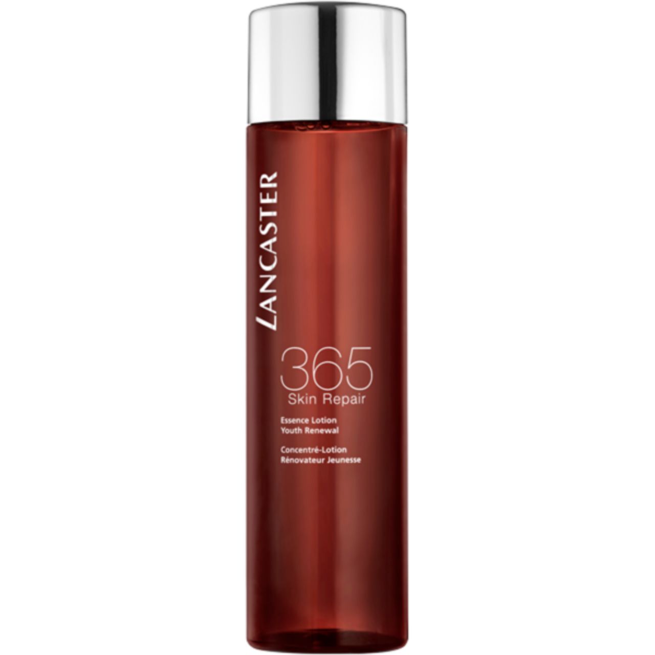 Lancaster 365 Skin Repair Essence Lotion. Flacone marrone con tappo argentato. Nome e dettagli del prodotto sul flacone.
