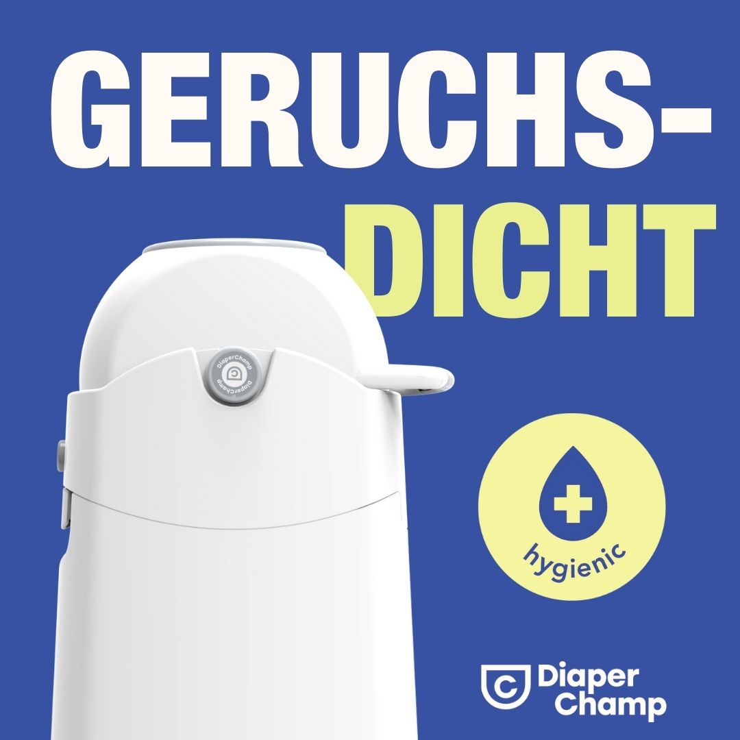 Bidone per pannolini bianco con coperchio e maniglia. Testo: GERUCHSDICHT, hygienic. Logo: Diaper Champ.
