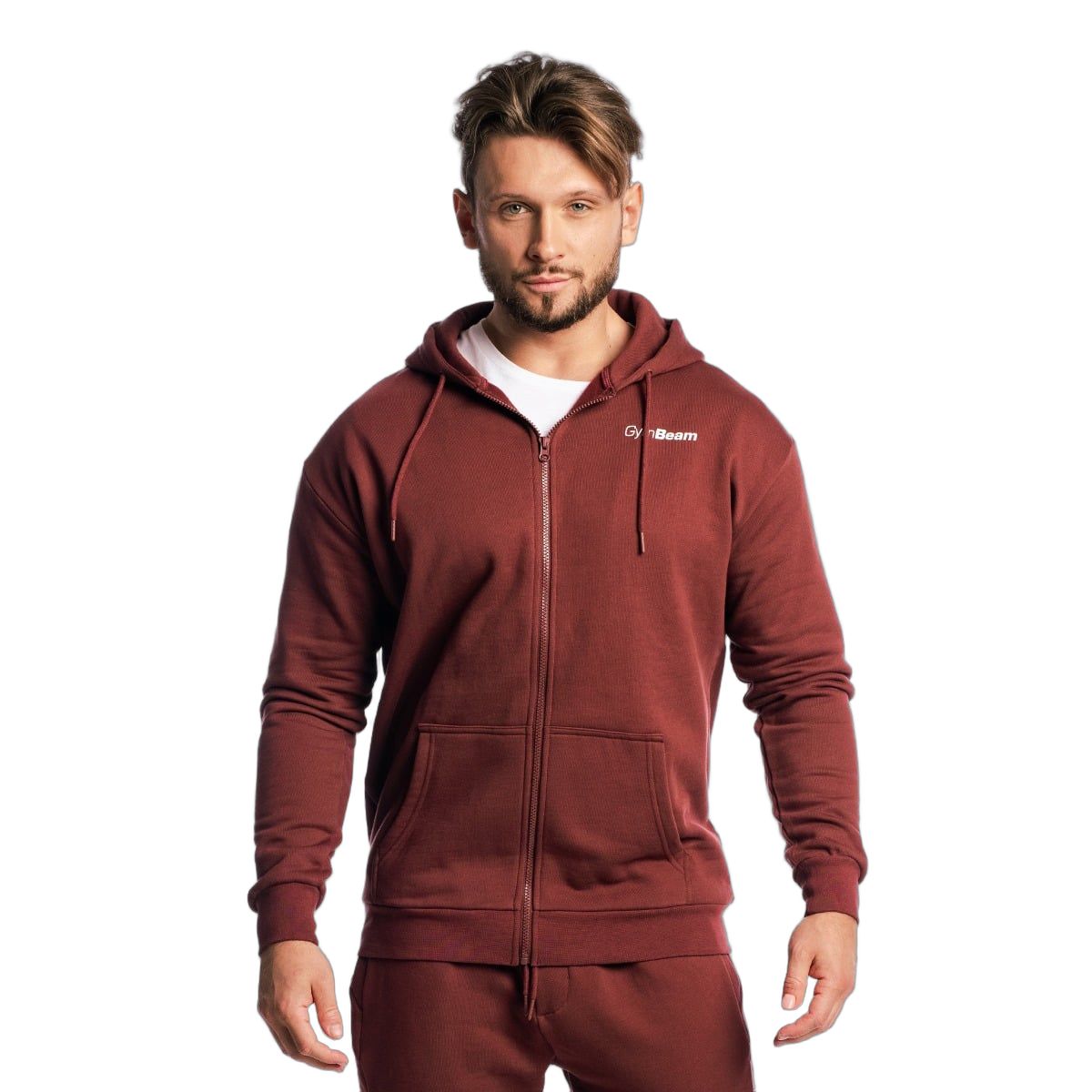 GymBeam Felpa uomo oversize con cappuccio zip tasche Zone Cherrywood