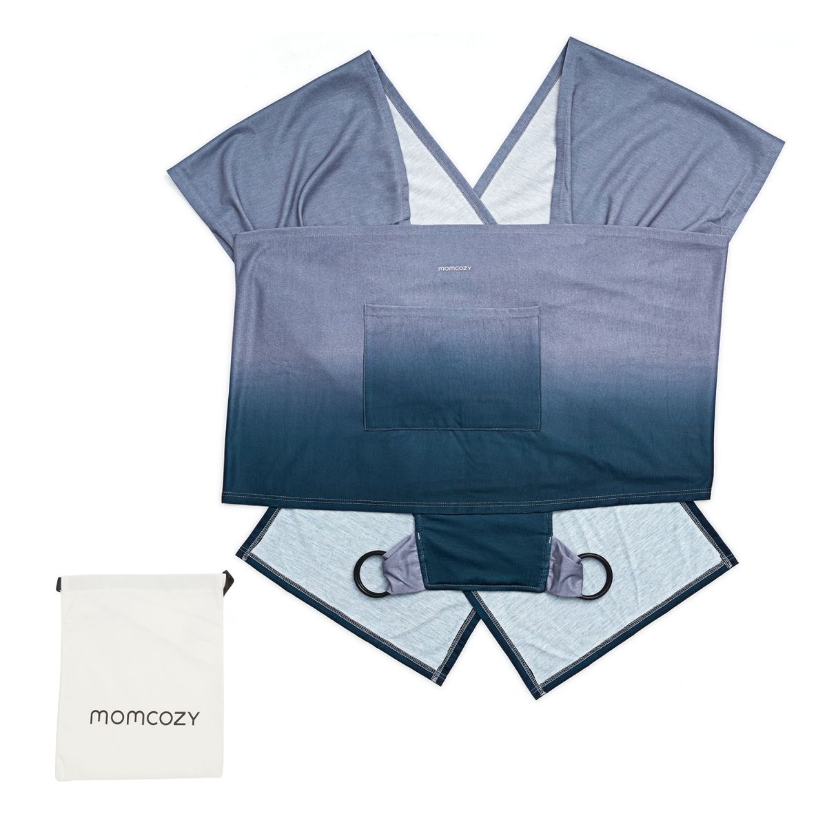 Fascia Momcozy blu-grigio, stesa. Con sacchetto. Dettagli visibili: tasca, anelli, sfumatura di colore.