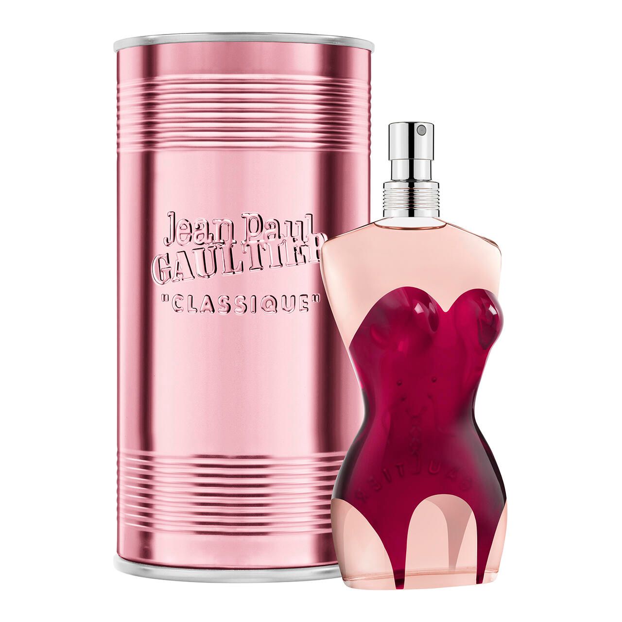 Flacone di profumo e scatola. Flacone a forma di corsetto, scatola cilindrica. Metallo rosa. Scritta.