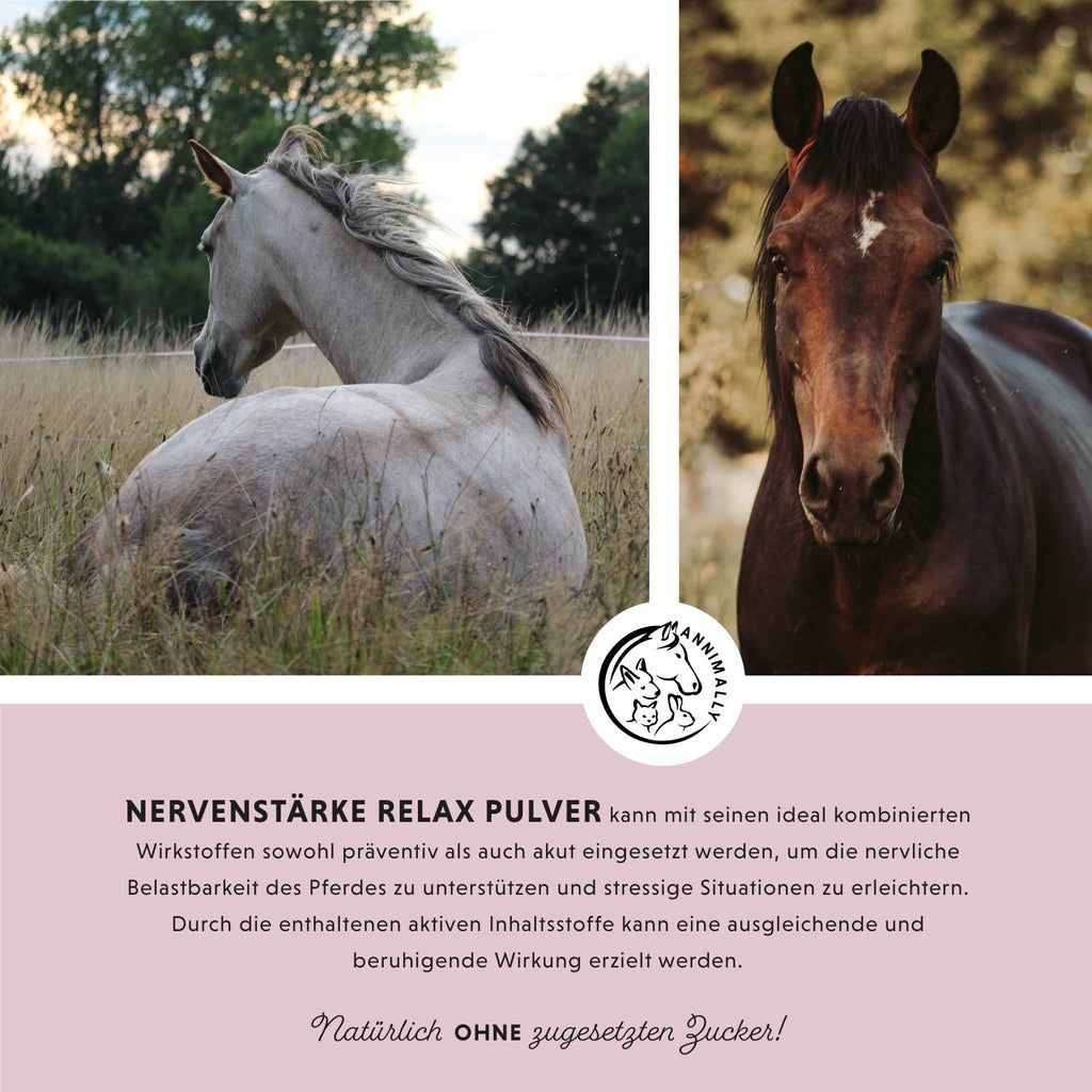 Due cavalli in un prato. Testo: Nervenstärke Relax Pulver. Logo: cavallo e puledro. Testo: Senza zuccheri aggiunti.