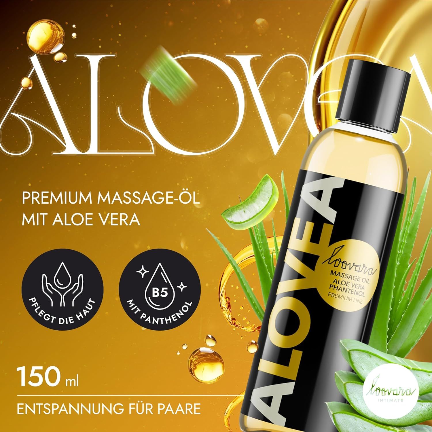 Flacone di olio da massaggio LOOVARA ALOVEA, circondato da aloe vera e gocce dorate.