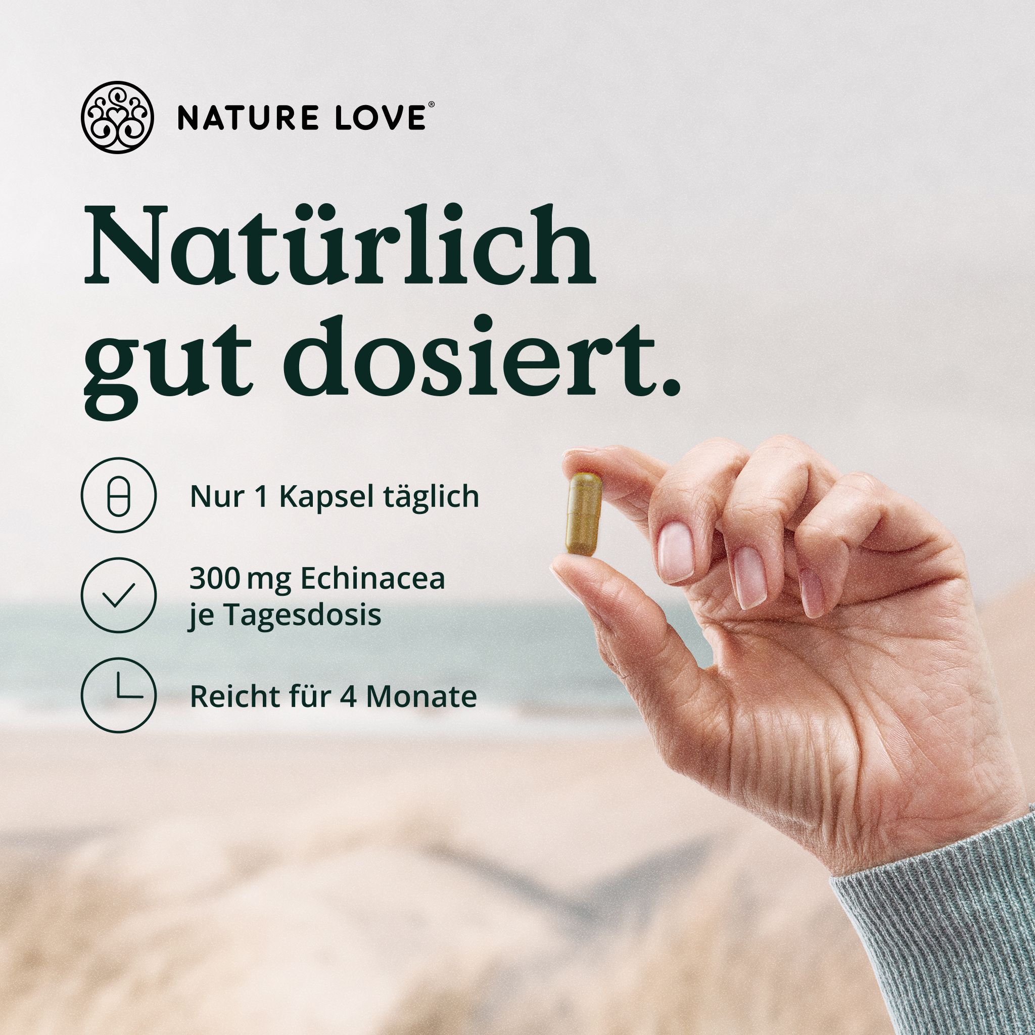 Mano che tiene una capsula, logo Nature Love, "Naturalmente ben dosato.", 1 capsula al giorno, 300 mg Echinacea, dura 4 mesi.