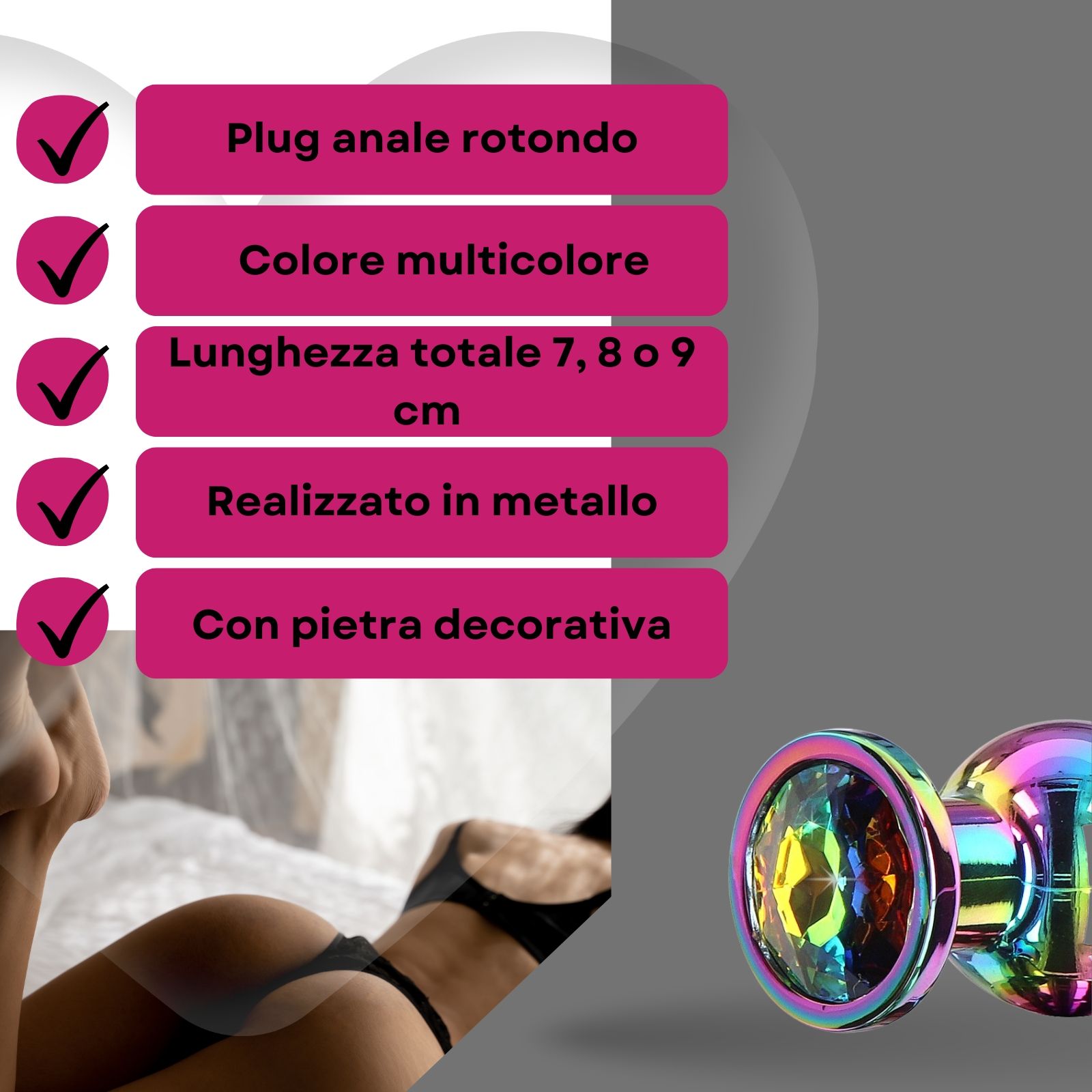 Lovelyness - Plug anale rotondo multicolore con pietra metallica decorativa