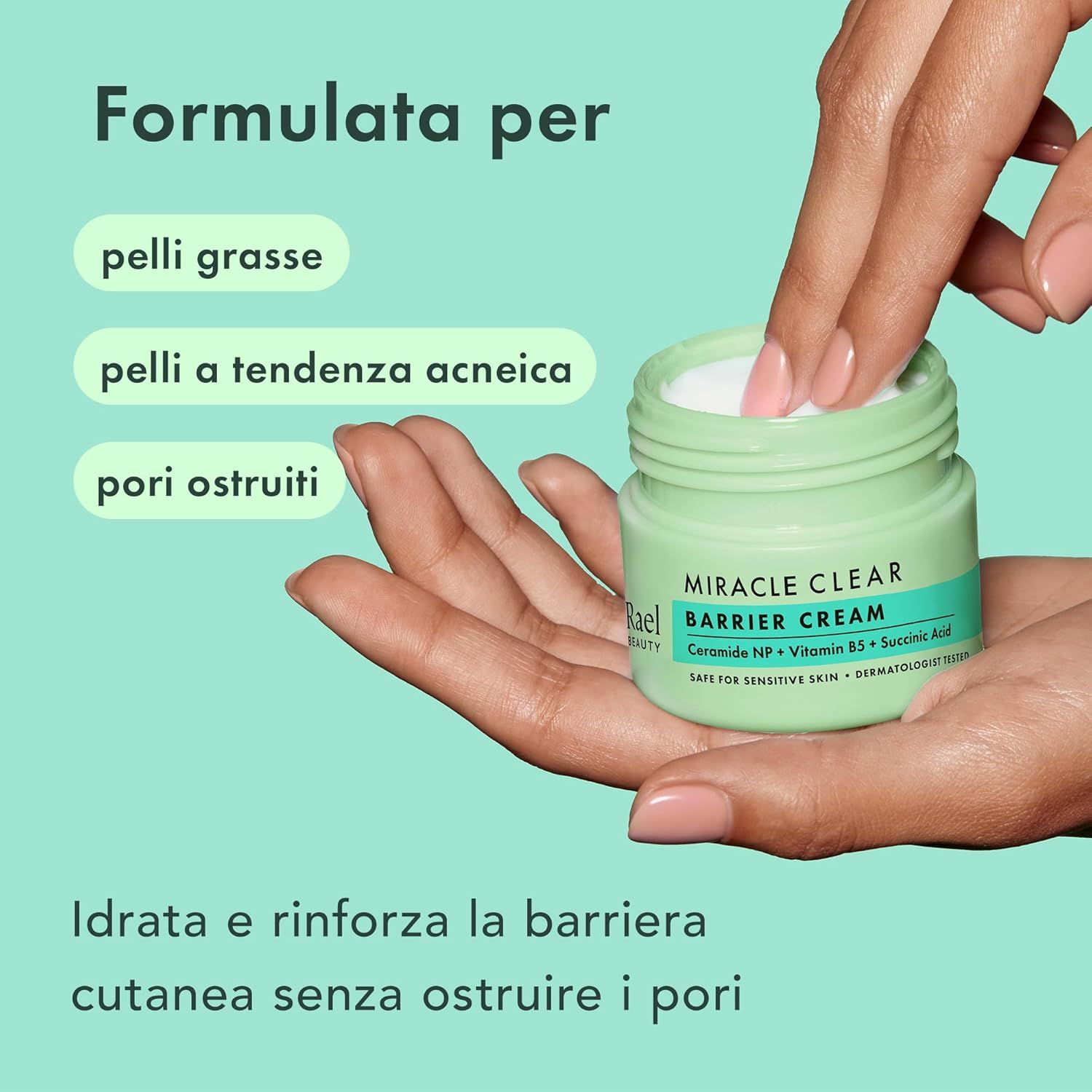 Vasetto di crema verde. Testo: Formulato per pelli grasse, a tendenza acneica, pori ostruiti. Idrata e rinforza la barriera cutanea.