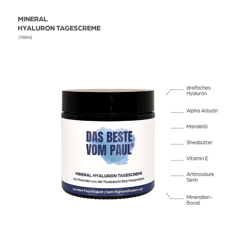 Vasetto con coperchio nero. Scritta: Das Beste vom Paul. Crema giorno minerale all'acido ialuronico. Ingredienti: Ialuronico, olio di mandorle, burro di karité, vitamina E.