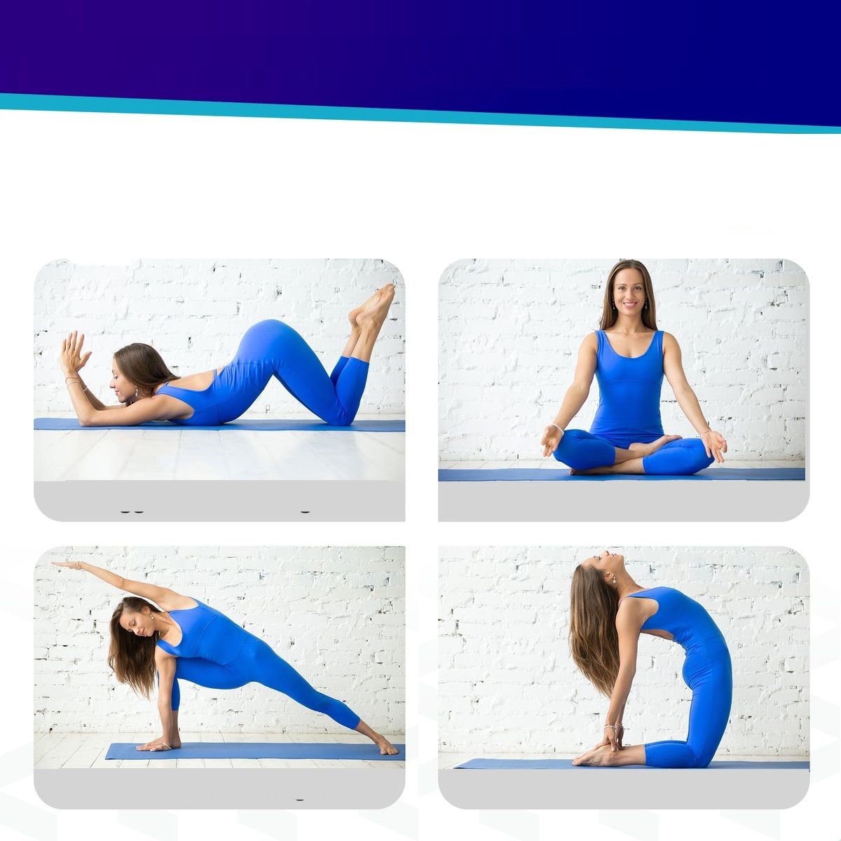 Quattro posizioni yoga su tappetino blu. Donna in tuta blu.