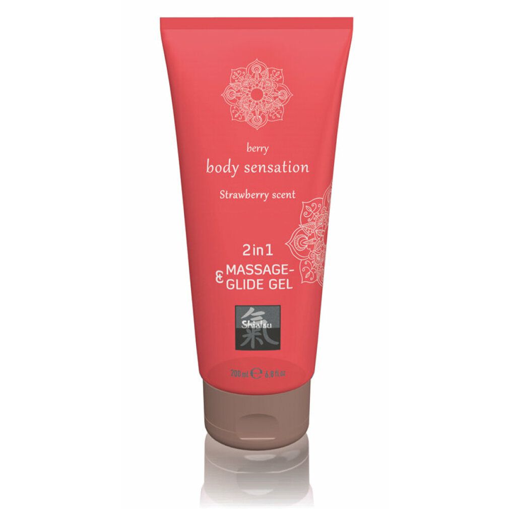 Tubo rosso con scritta 'berry body sensation Strawberry scent'. Gel 2in1 Massage & Glide.