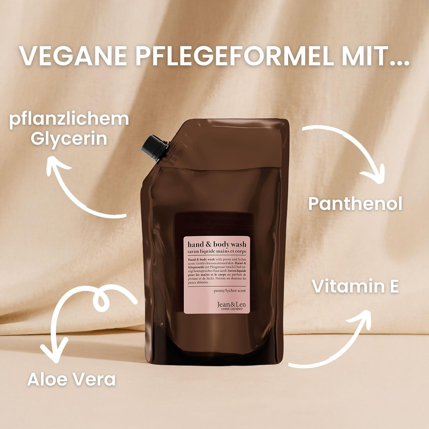 Ricarica marrone con informazioni sul prodotto. Contiene glicerina vegetale, pantenolo, vitamina E e aloe vera. Vegano.