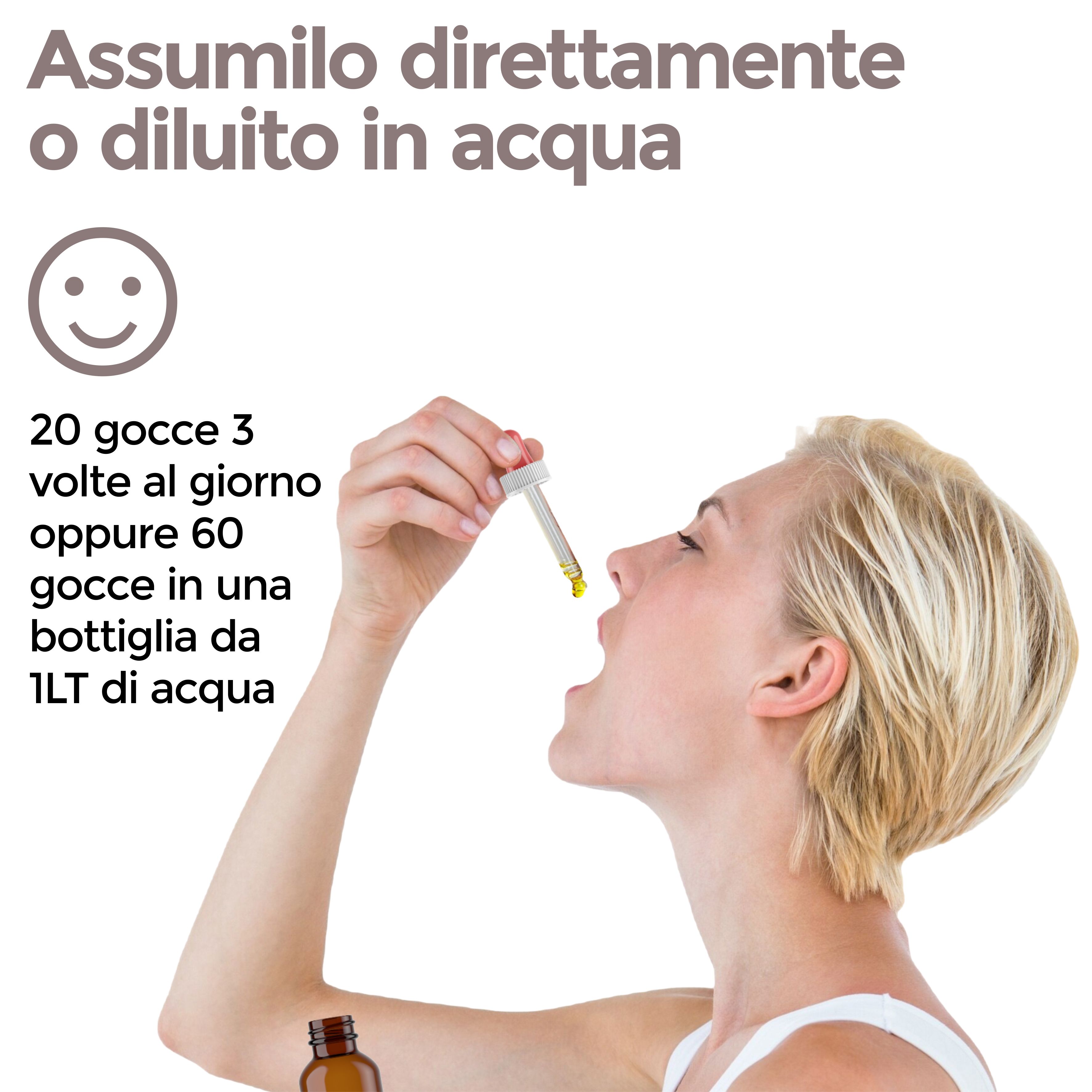 Donna che beve liquido giallo da un contagocce. Testo: 20 gocce 3 volte al giorno o 60 gocce in 1 litro d'acqua.