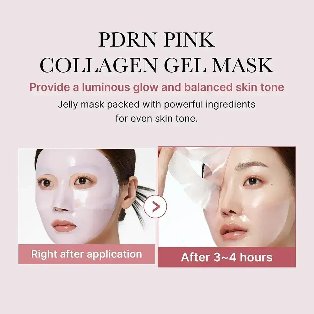 Medicube PDRN Pink Collagen Gel Mask che promette una carnagione luminosa ed equilibrata.