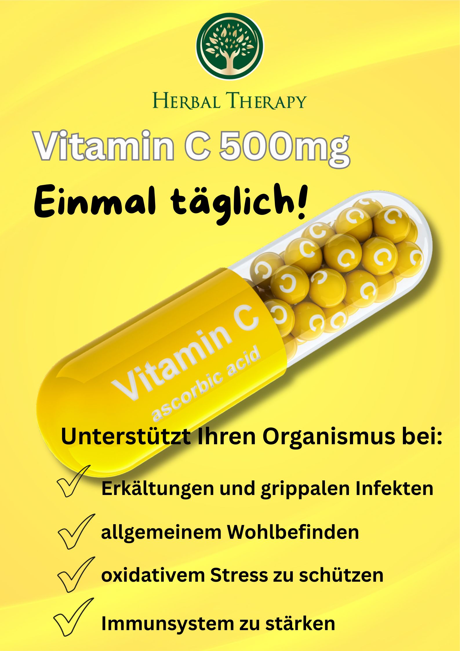Capsula gialla con palline di vitamina C. Testo: Vitamina C, una volta al giorno! Supporta in caso di raffreddore, benessere, stress, sistema immunitario.