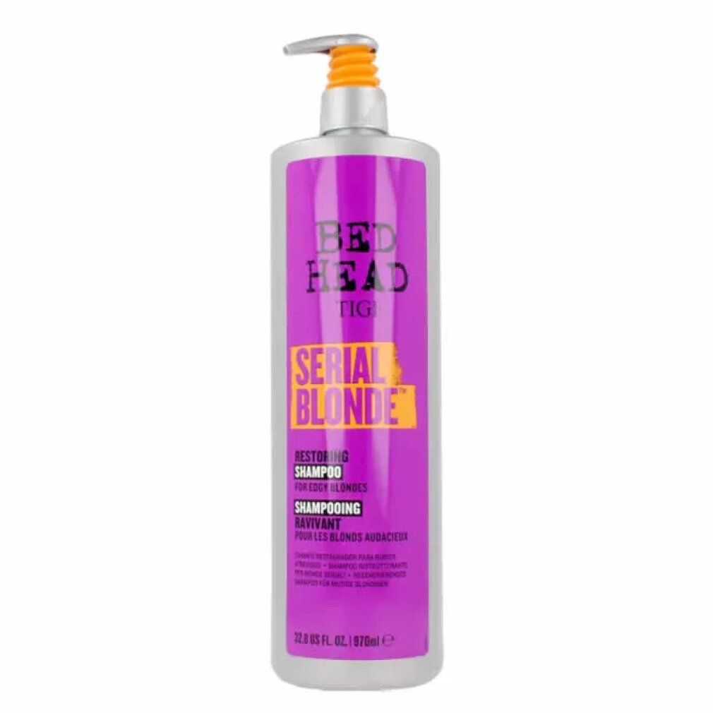 Flacone di shampoo Tigi Bed Head Serial Blonde. Flacone viola con etichetta gialla. Pompa con testa arancione.