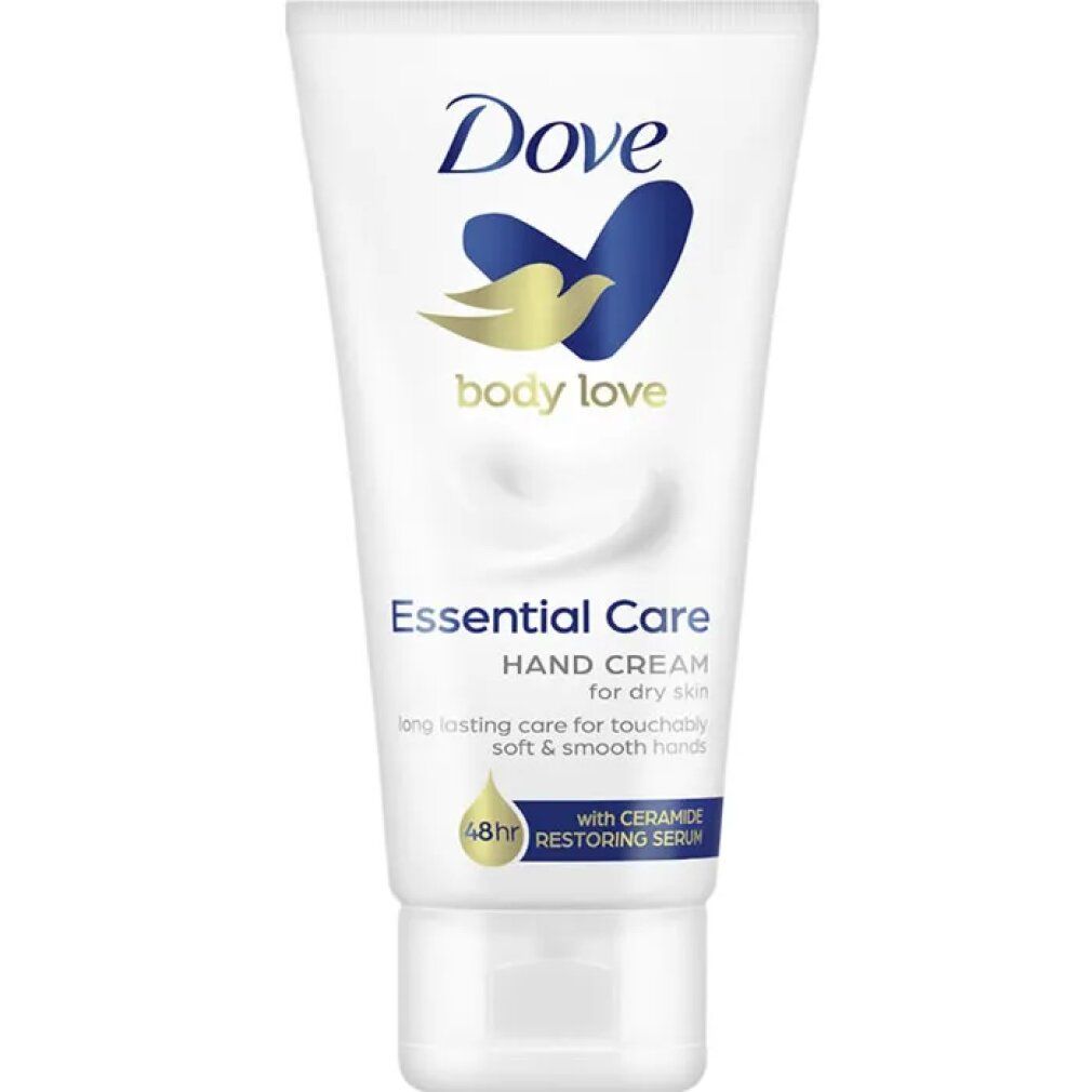 Tubo bianco con logo Dove e scritta 'Essential Care Hand Cream'. Contiene ceramidi e siero riparatore. Per pelli secche.