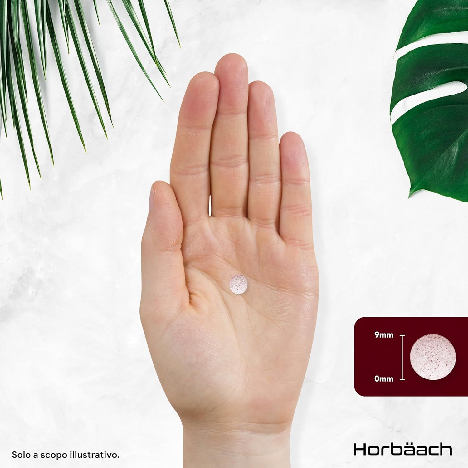 Mano con una compressa. La compressa è rotonda, bianca e ha un diametro di 9 mm. Logo Horbaach.