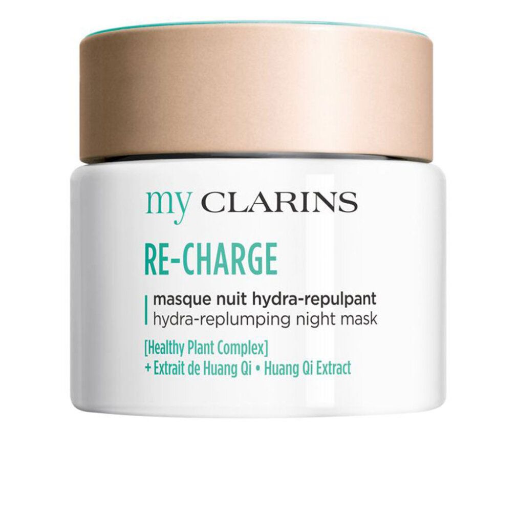 Vaso di crema bianco con coperchio beige. Testo: my CLARINS RE-CHARGE, masque nuit hydra-repulpant.