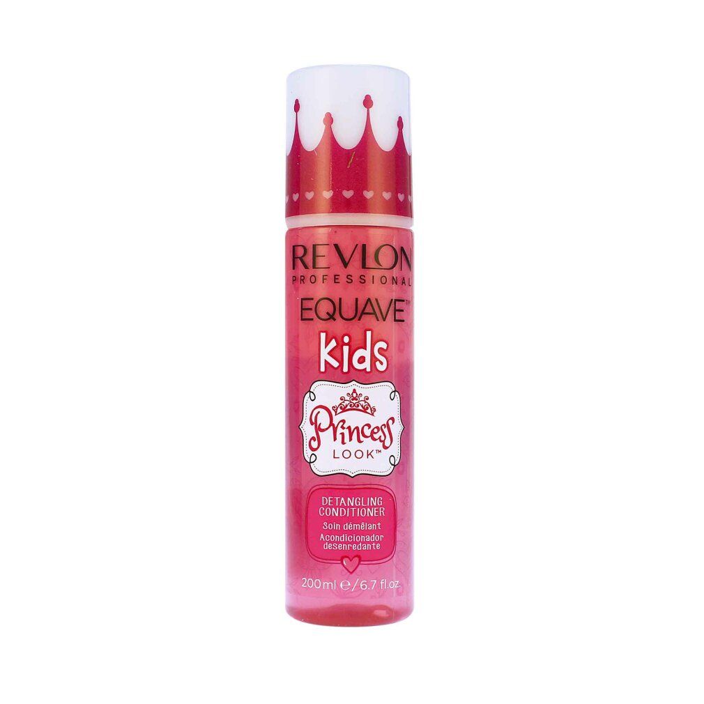 Flacone rosa con tappo bianco. Scritta: Revlon Equave Kids Princess Look Conditioner. 200ml.
