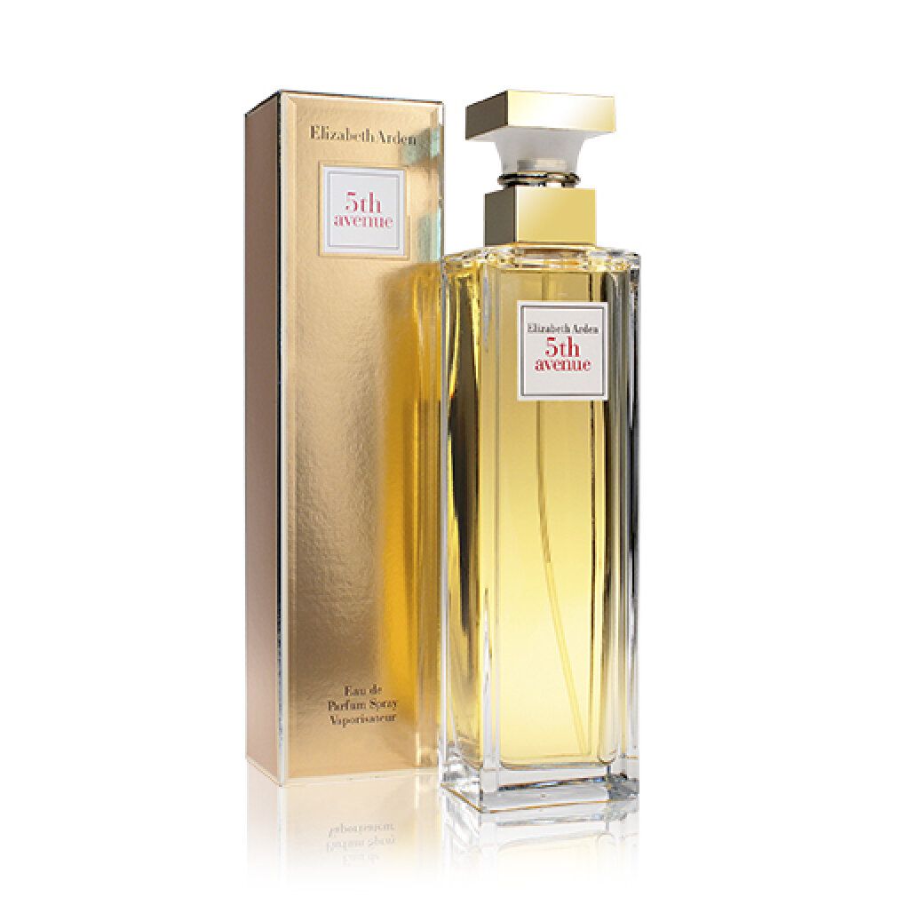 Flacone di profumo e scatola dorata. Sulla scatola, Elizabeth Arden 5th avenue. Flacone rettangolare.