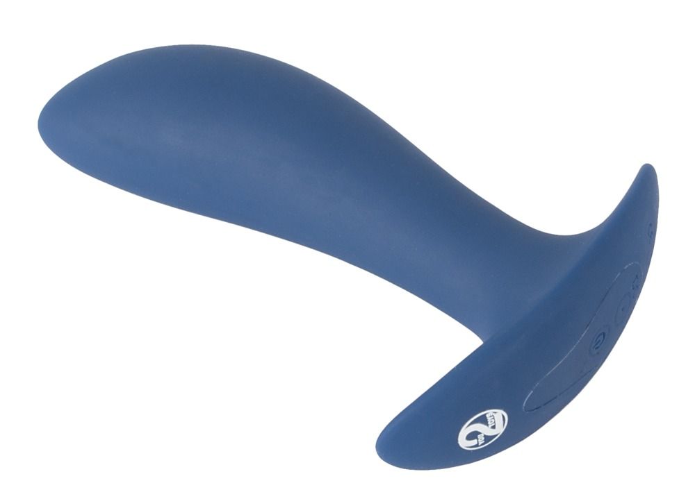 Plug anale blu scuro, visto di lato. Forma curva, base larga.