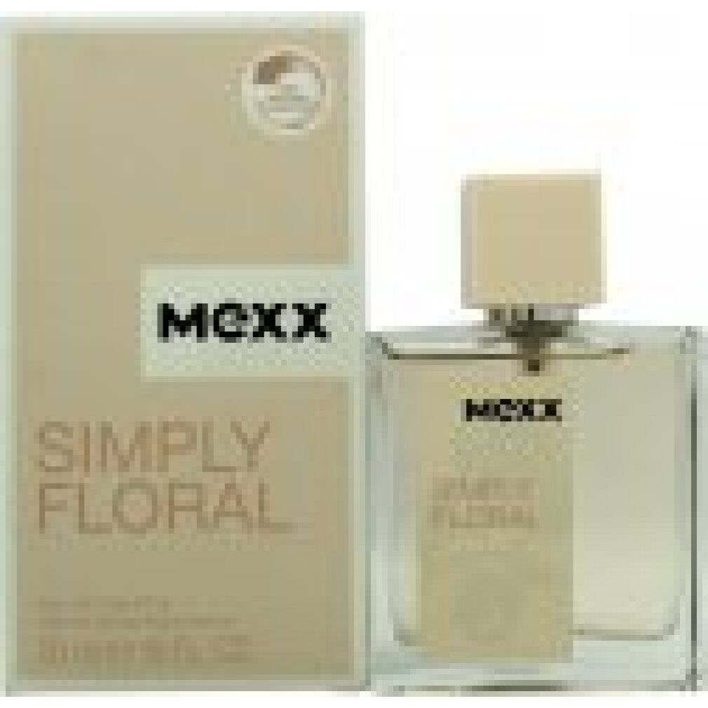 Mexx Simply Floral Eau de Toilette Spray. Flacone e confezione rettangolari. Scritta e logo beige.