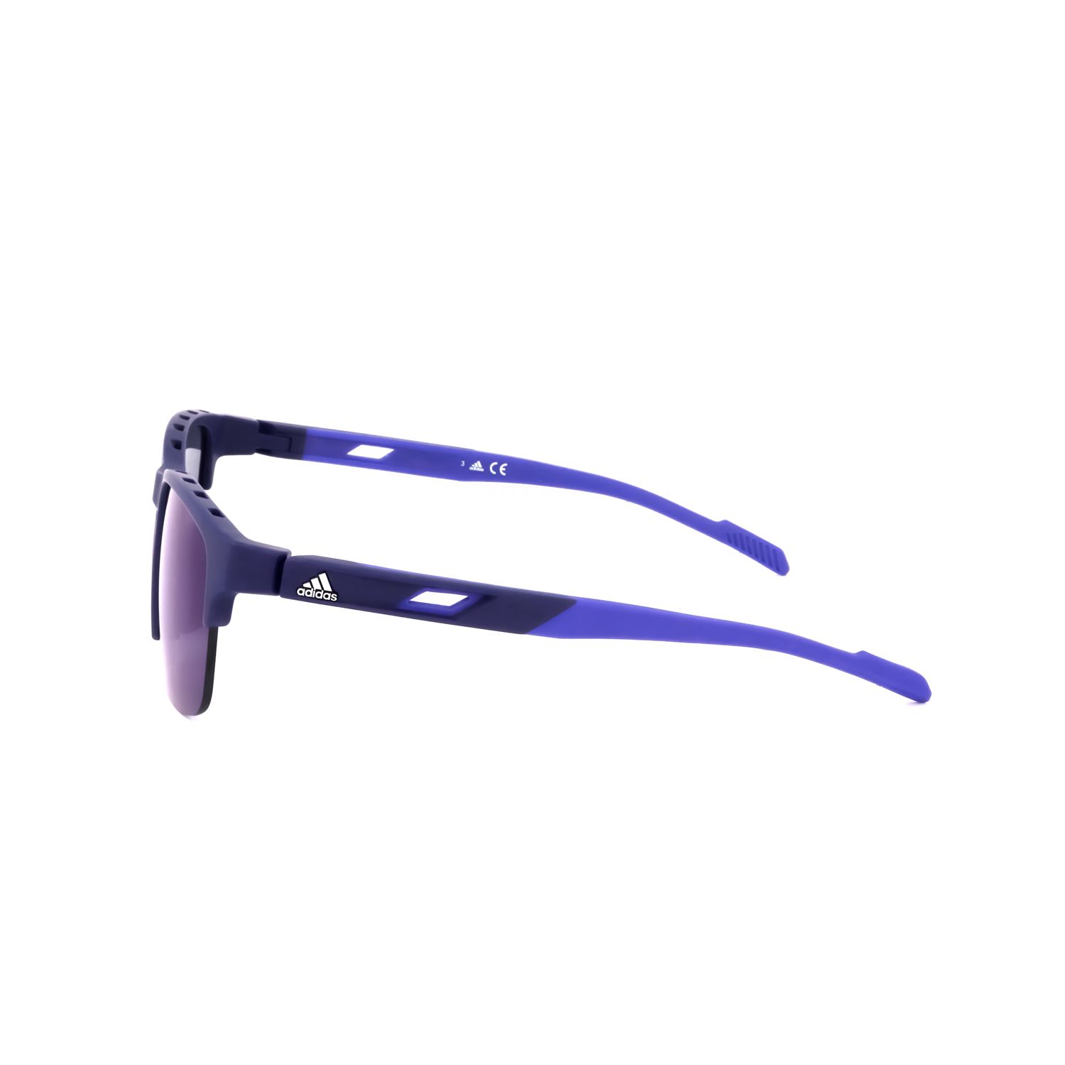 Occhiali da sole sportivi blu scuro con lenti viola e aste blu. Logo Adidas sull'asta.