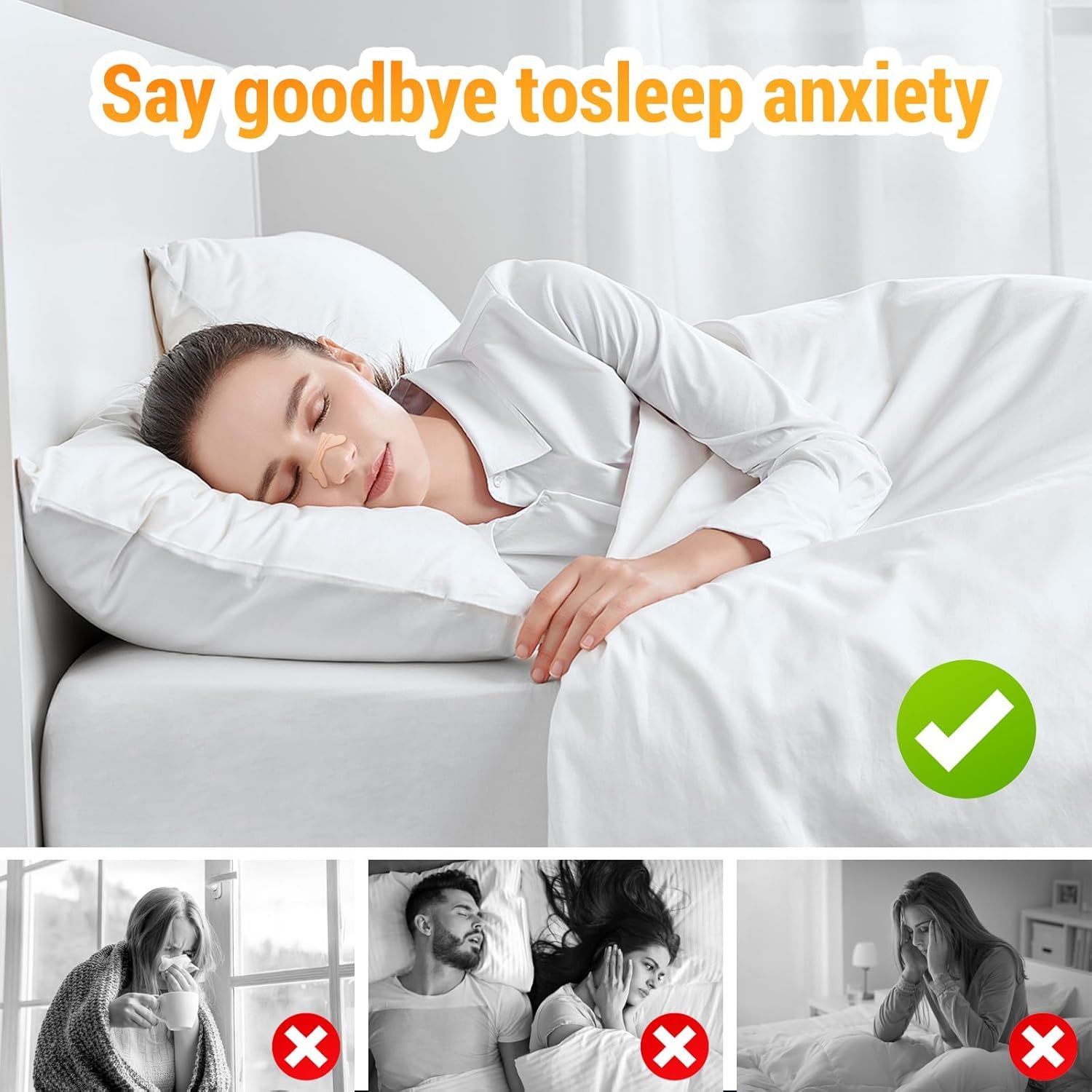Donna che dorme a letto. Testo: Dì addio all'ansia del sonno. Tre scene con croci rosse.