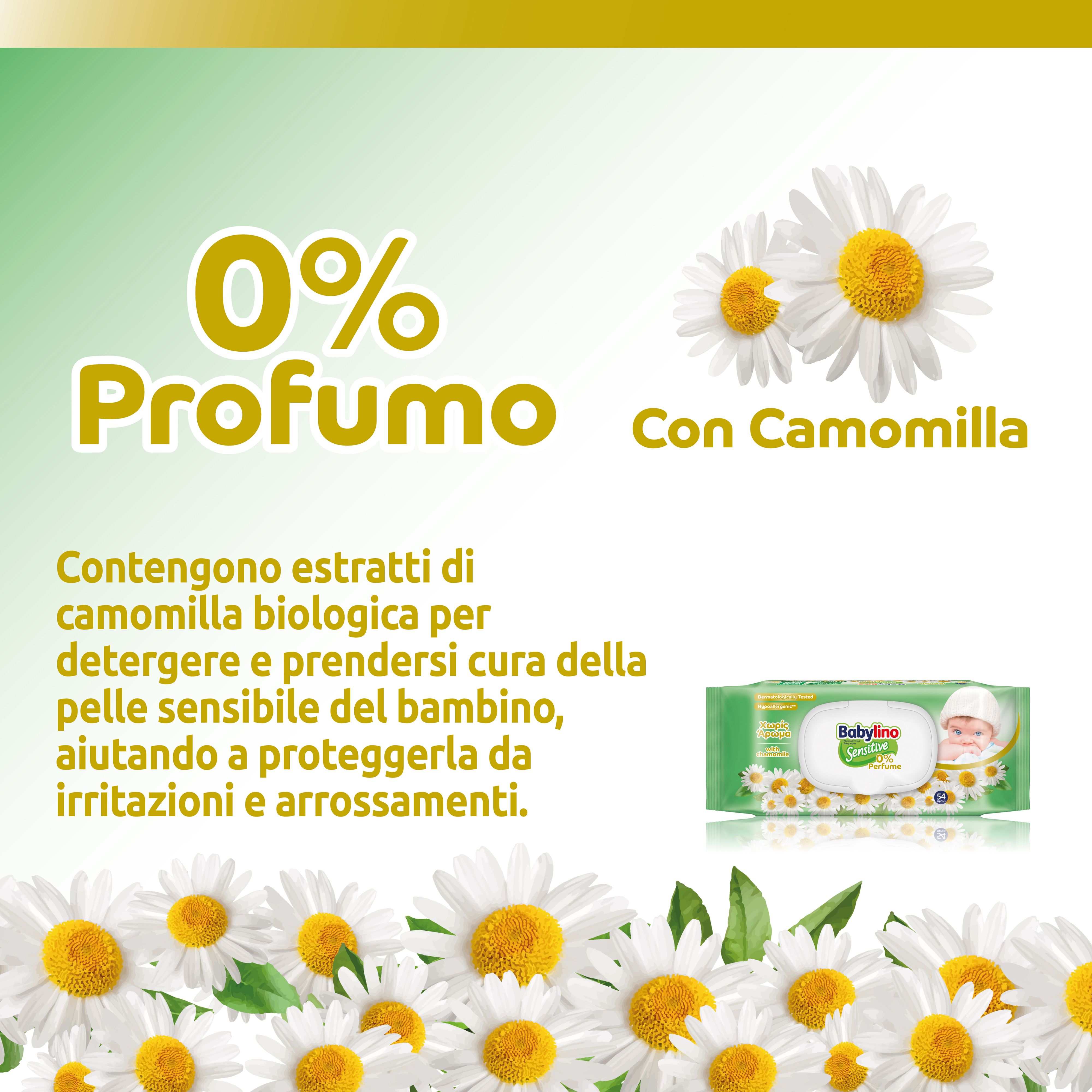 Testo: 0% Profumo, con camomilla. Pacchetto Babylino con camomilla. Fiori di camomilla.