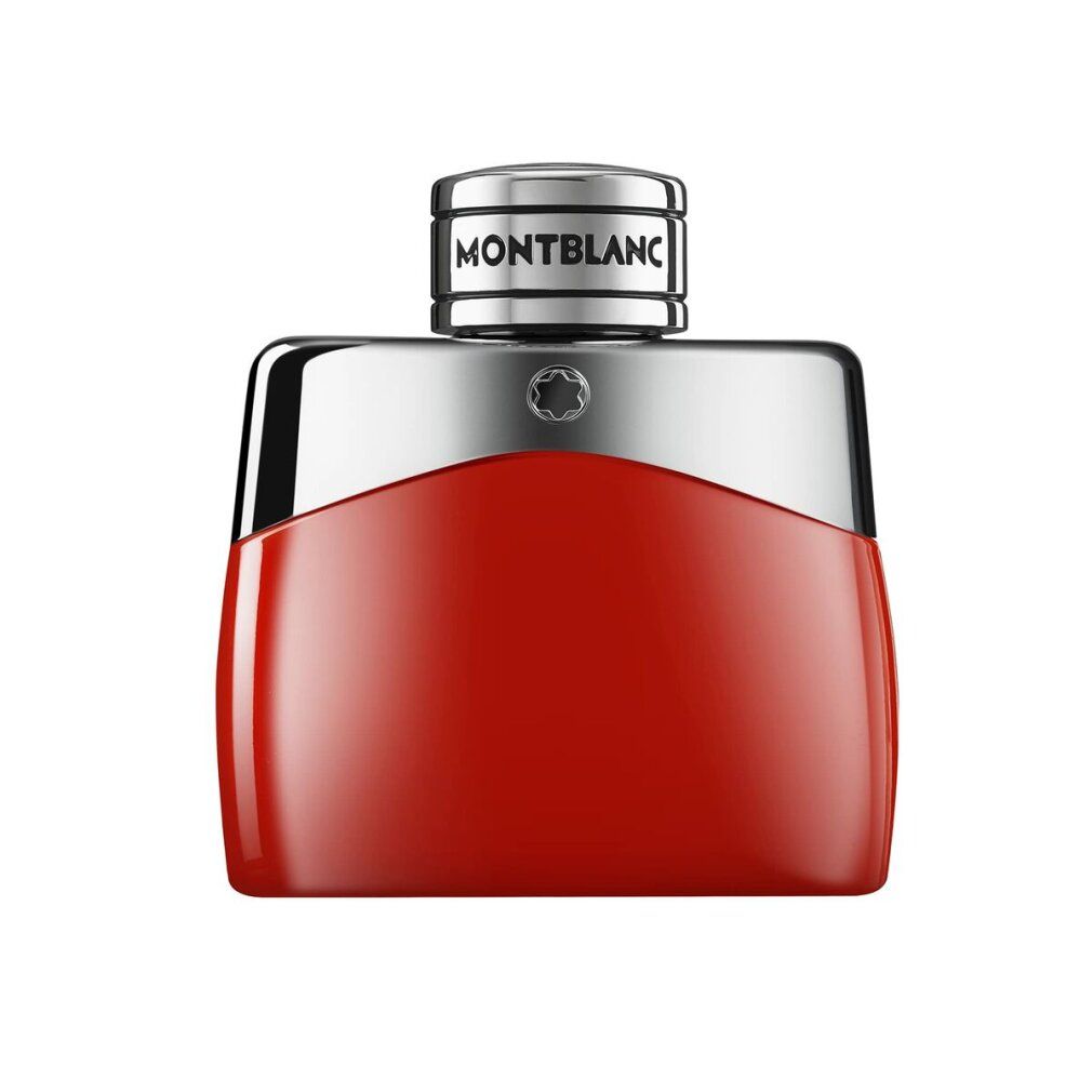 Flacone rosso con tappo argentato. MONTBLANC sul tappo. Forma rettangolare con bordi arrotondati.