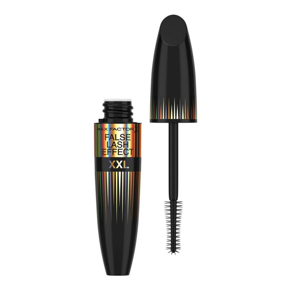 Tubo di mascara nero aperto con spazzola. Scritta: Max Factor False Lash Effect XXL.