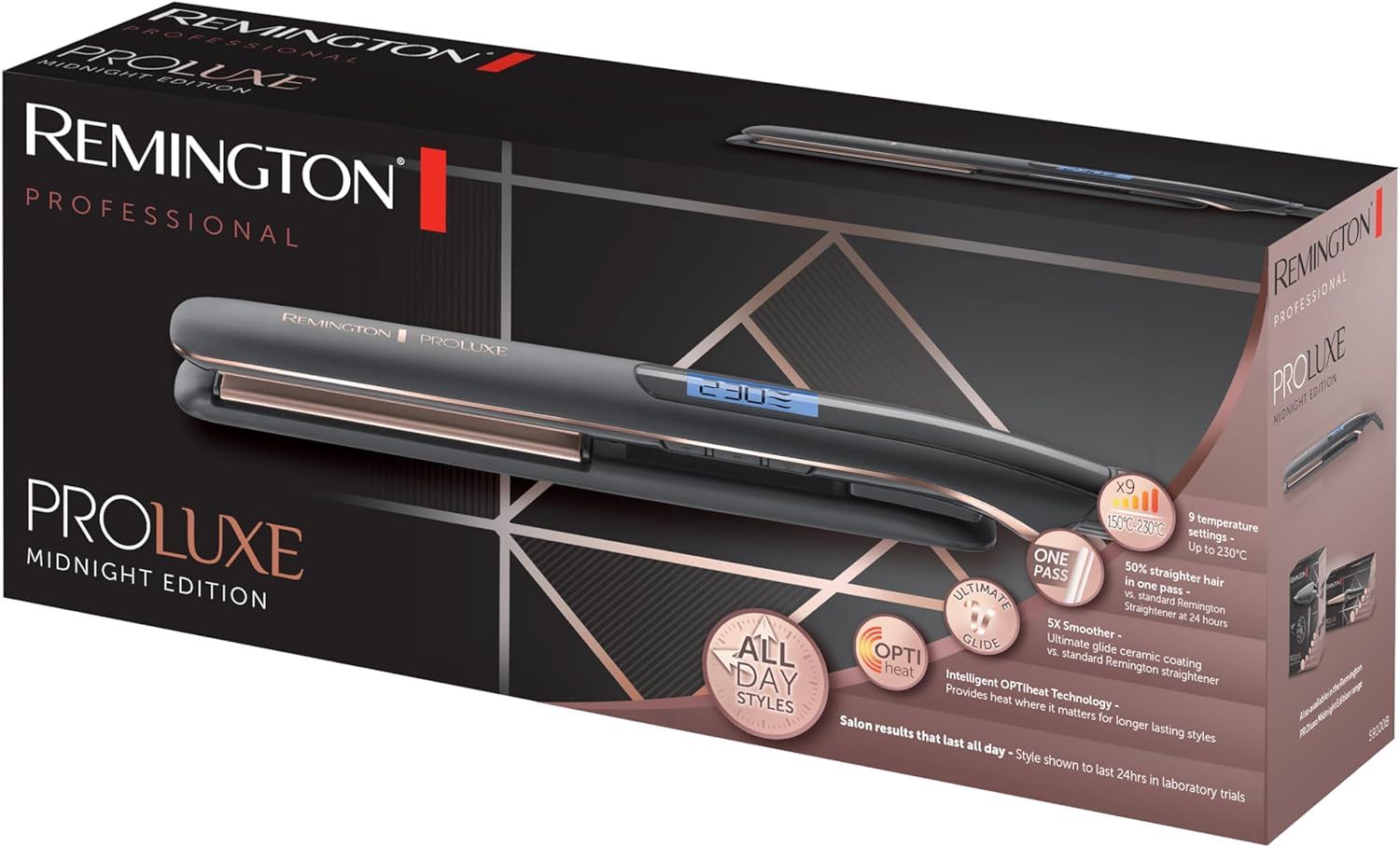 Confezione per piastra Remington PROLuxe Midnight Edition. Scatola nera con immagine del prodotto e loghi.
