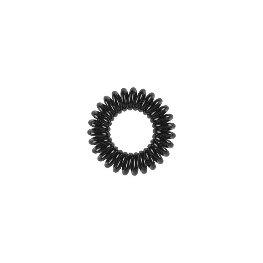 Elastico per capelli nero a spirale. Materiale lucido, disposizione circolare. Dettaglio su sfondo bianco.