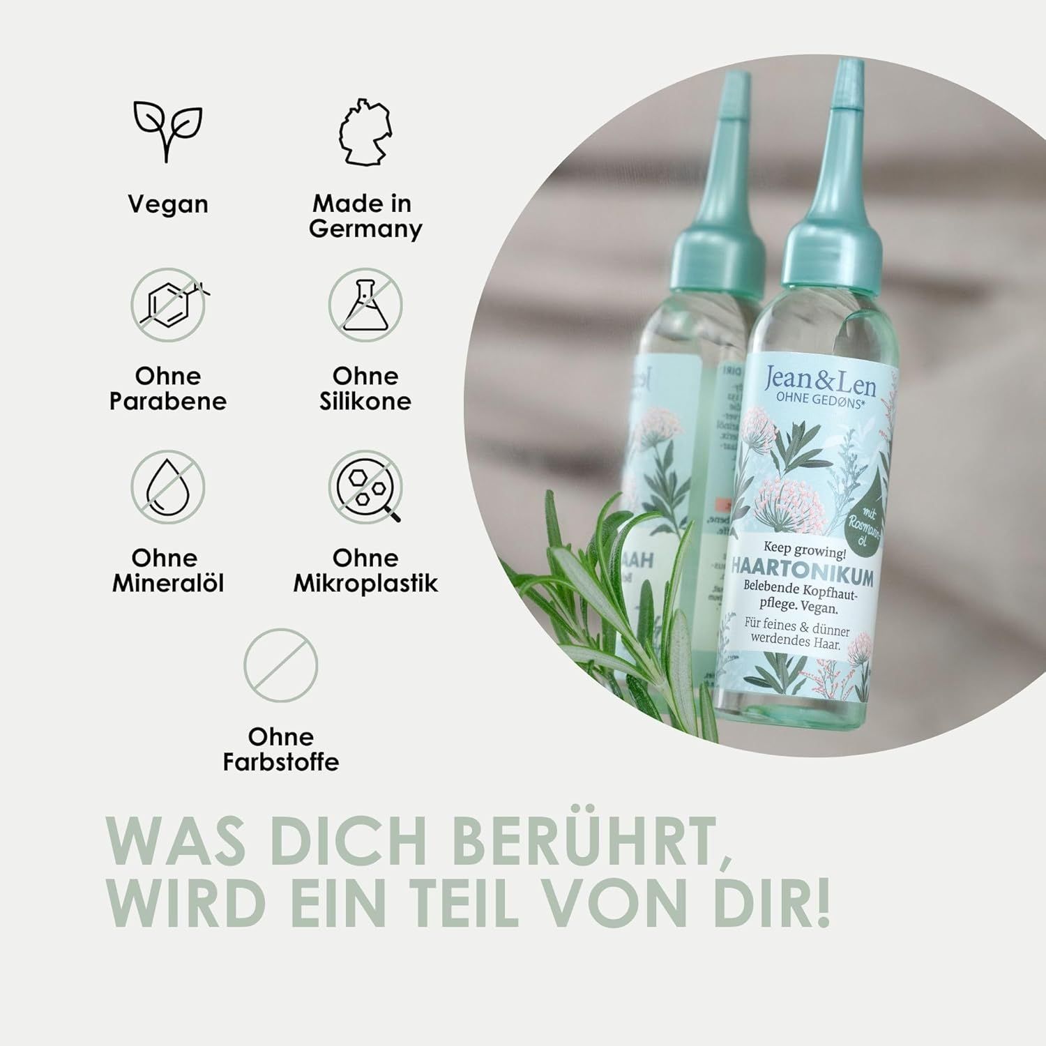 Due flaconi di tonico per capelli. Testo: Vegano, Made in Germany, Senza parabeni, siliconi, olio minerale, microplastiche, coloranti.