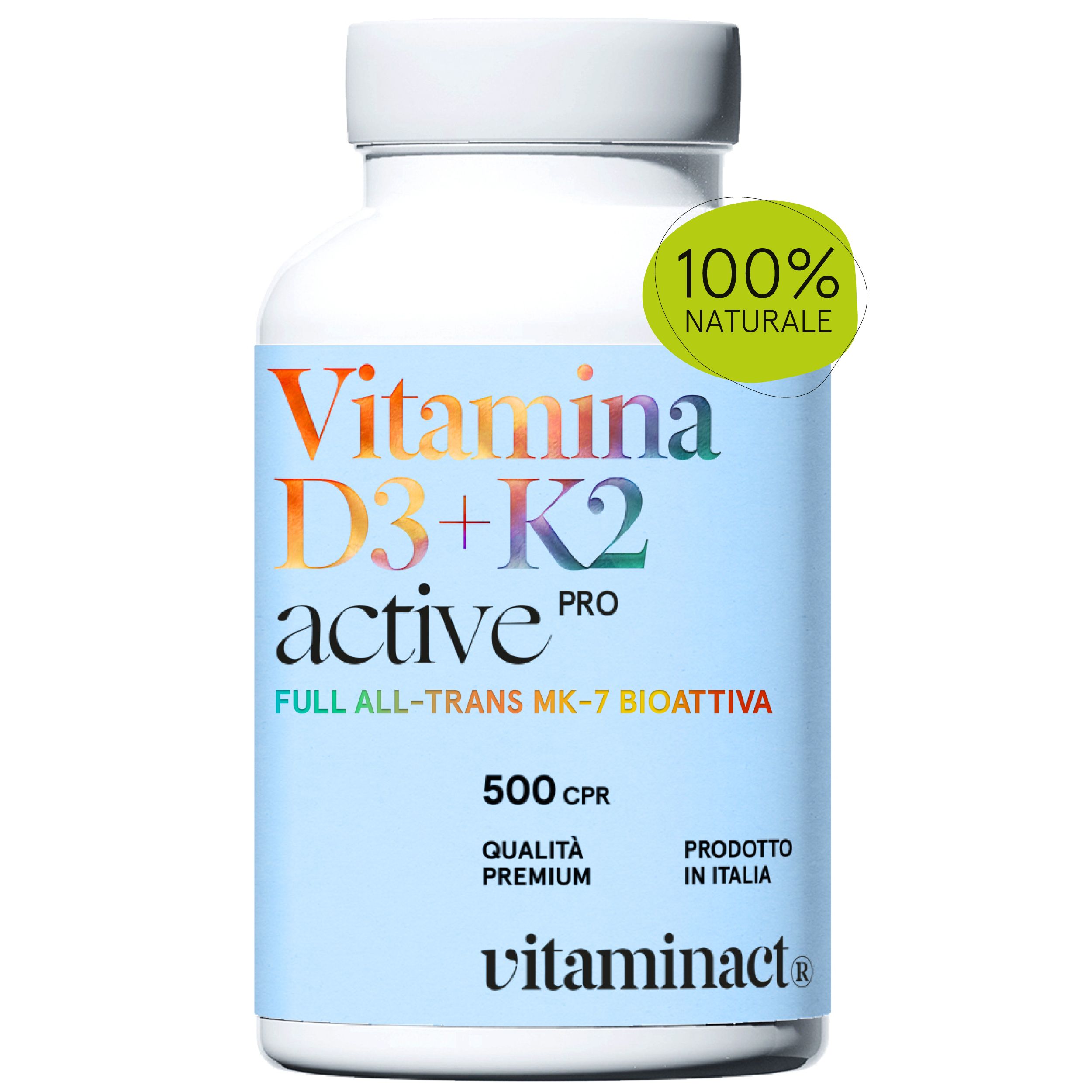 Flacone bianco di Vitamina D3+K2 active pro. Etichetta con 500 compresse. Marchio Vitaminact.
