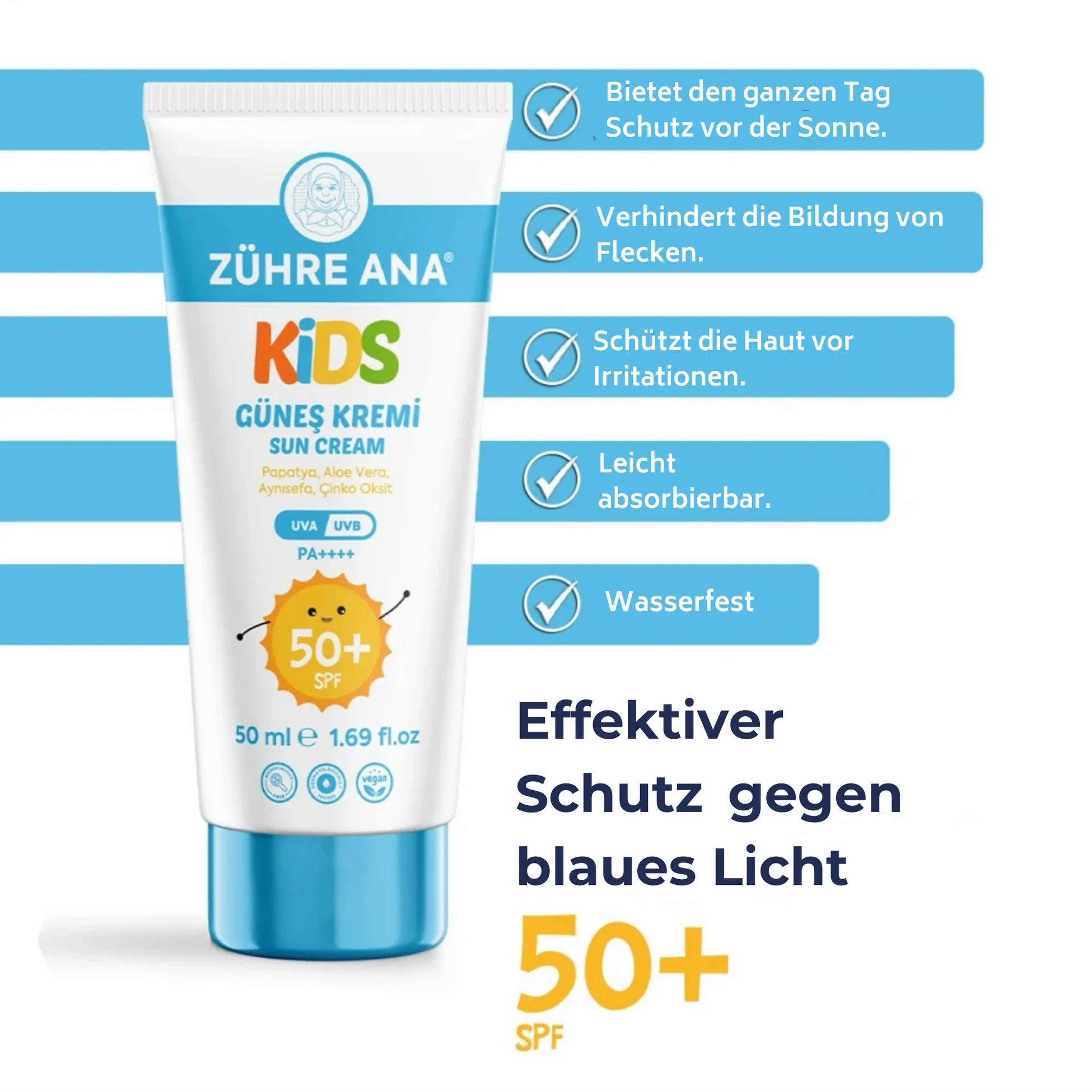 Tubo di crema solare Zühre Ana Kids SPF 50+ con elenco di vantaggi come protezione dall'acqua e facile assorbimento.