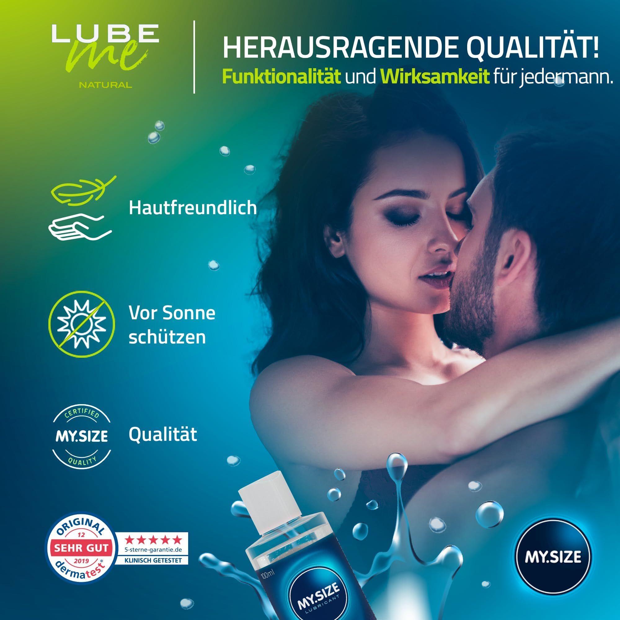Coppia che si bacia, circondata da simboli per la delicatezza sulla pelle e la protezione solare. Flacone 'MY.SIZE LUBE ME NATURAL' visibile.