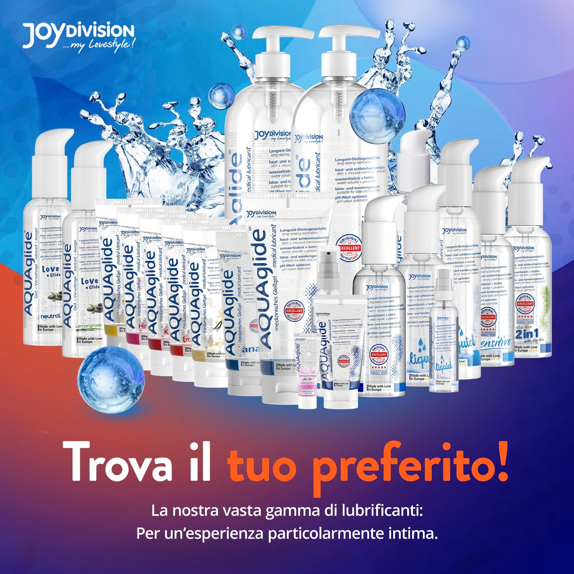 Presentazione dei lubrificanti AQUAglilde in diverse dimensioni e confezioni.