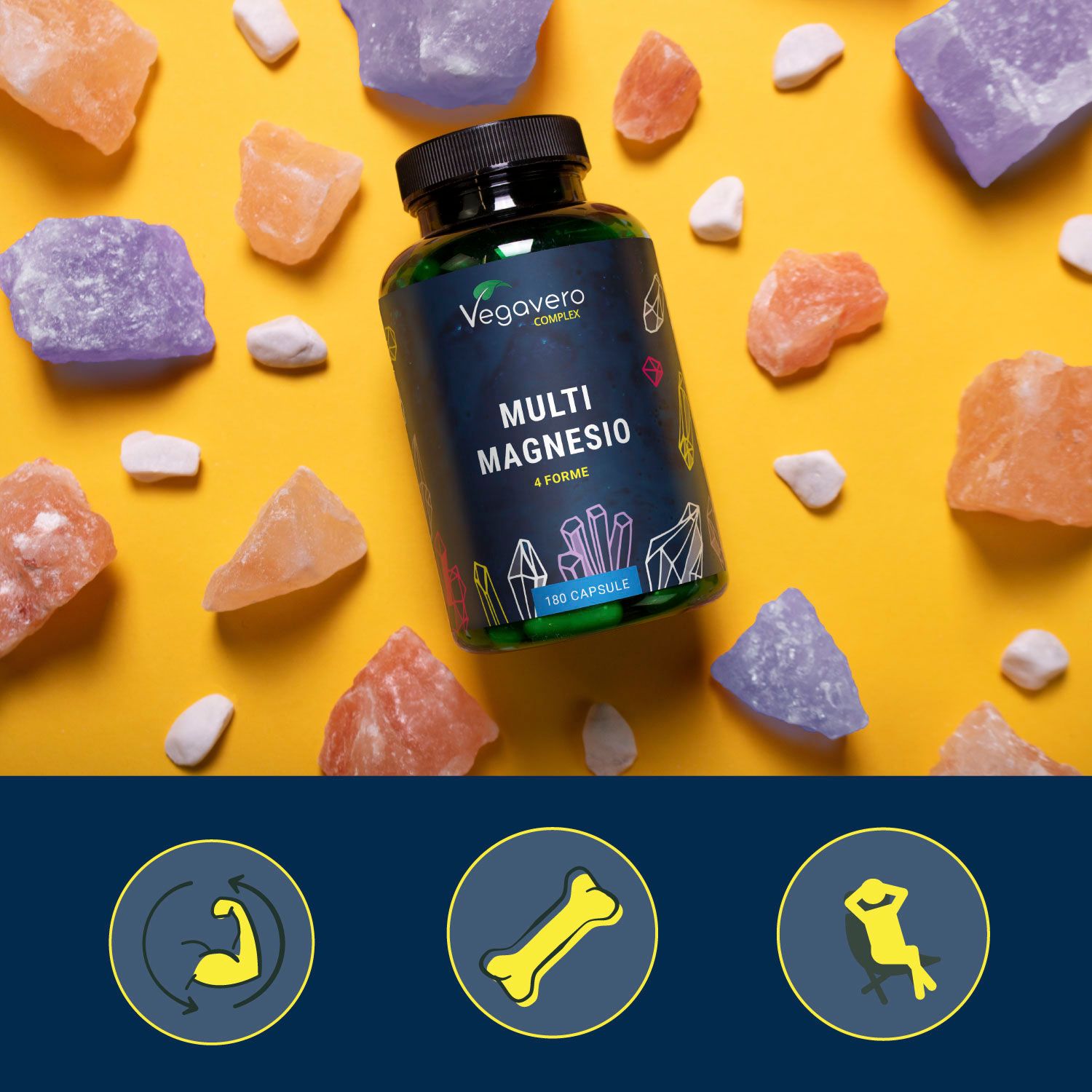 Bottiglia verde con tappo nero, circondata da pietre colorate. Scritta: Multi Magnesio, 4 forme, 180 capsule.