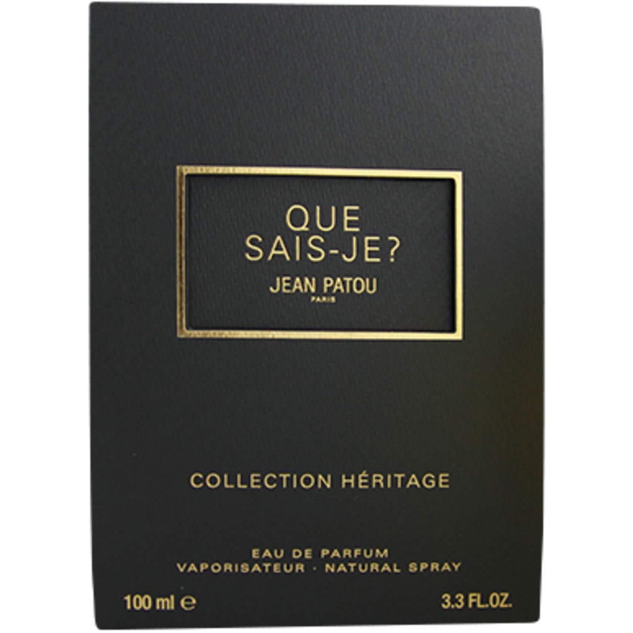 Scatola nera rettangolare con cornice dorata e testo. Scritto: Que Sais-Je? Jean Patou. Collection Héritage. 100 ml.