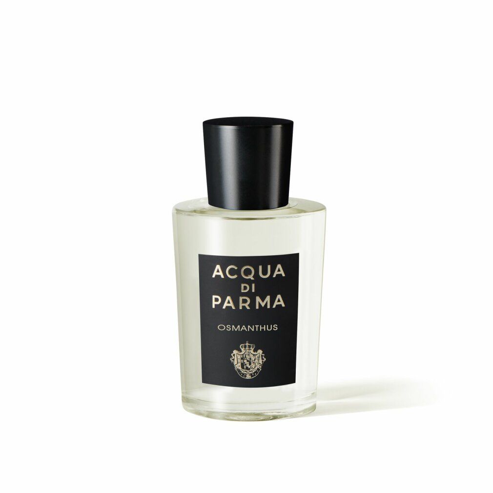 Flacone in vetro con tappo nero. Etichetta con testo: Acqua di Parma Osmanthus.