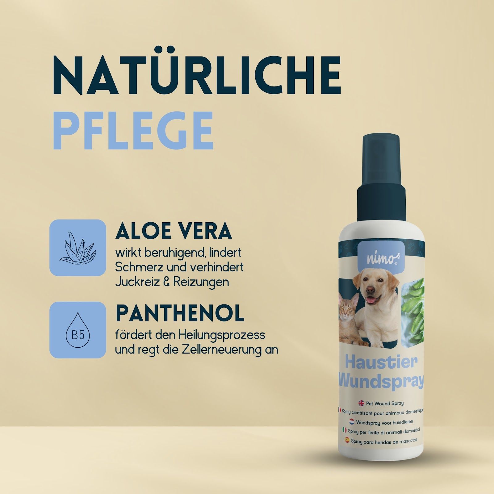 Flacone del prodotto con testo: Haustier Wundspray. Campi di testo: Cura naturale, Aloe Vera, Pantenolo. Sono raffigurati un cane e un gatto.